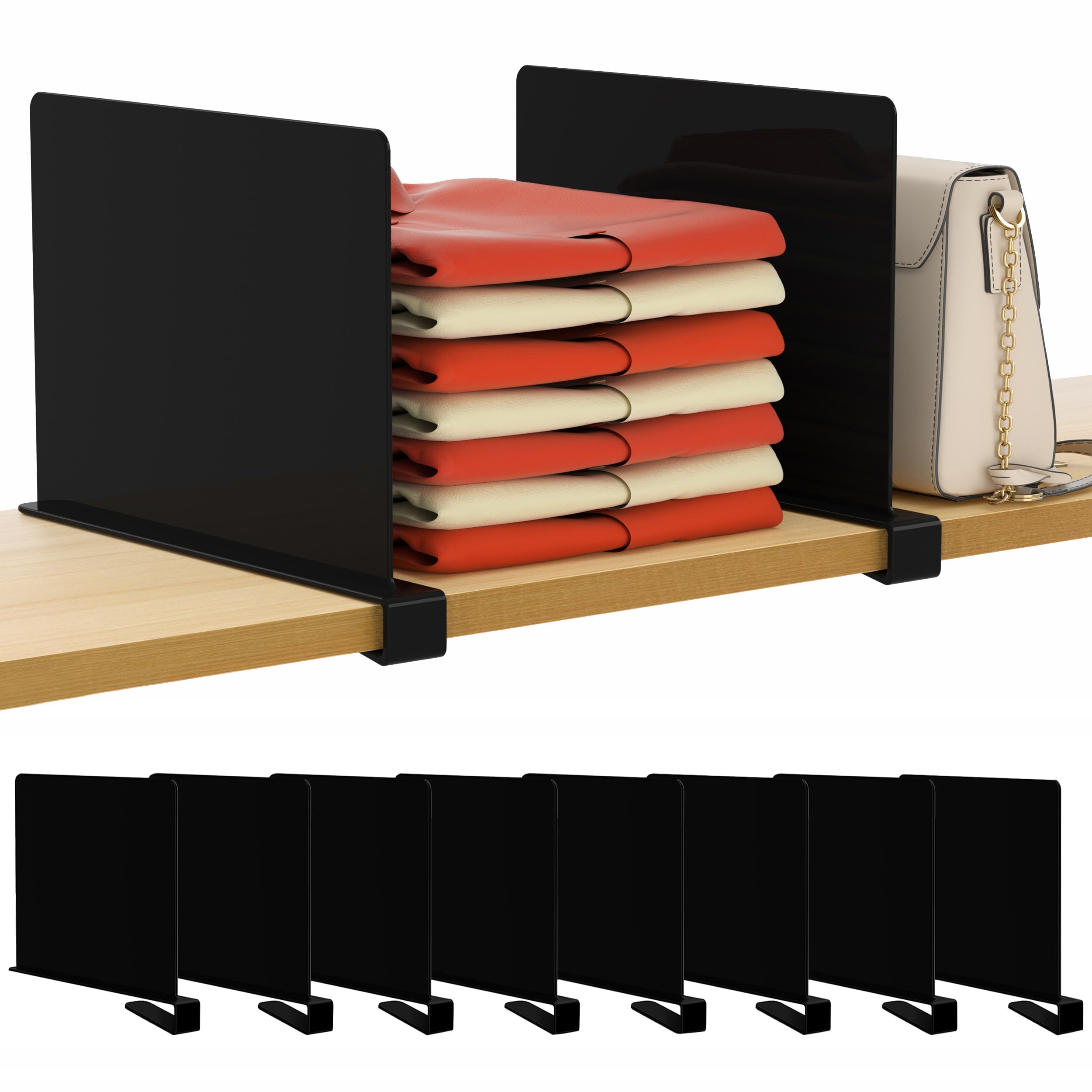 HBlife 8 Pack Black Shelf Dividers, Vertical Purse Organizer for Closet Perfect for Sweater, Shirts, Handbags in Bedroom and Kitchen, Adjustable Acrylic Bookshelf for Organization