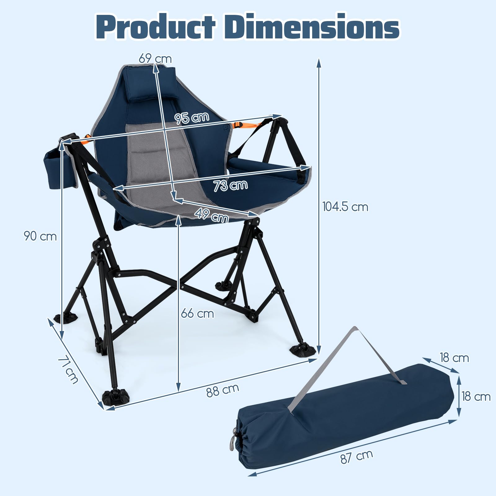 GOPLUS Chaise de Camping Hamac Portable, Chaise à Bascule Balancelle 90-150° avec Siège Rembourré et Appui-Tête, Dossier Réglable, Porte-Gobelet, Pliable pour Camping, 88 x 71 x 90 cm (Bleu)