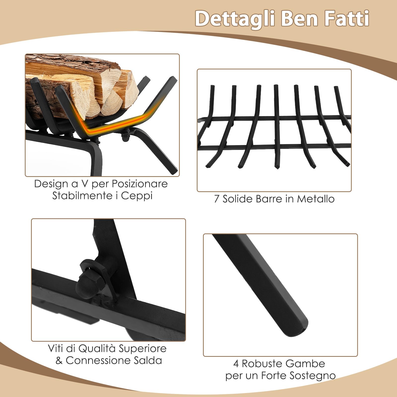 COSTWAY Brucialegna per Camino da 46 cm, Portalegna in Ferro Battuto con 7 Barre da 14 mm, Design a V e Altezza Elevata, Supporto per Legna per Caminetto, Stufa a Legna e Bracciere