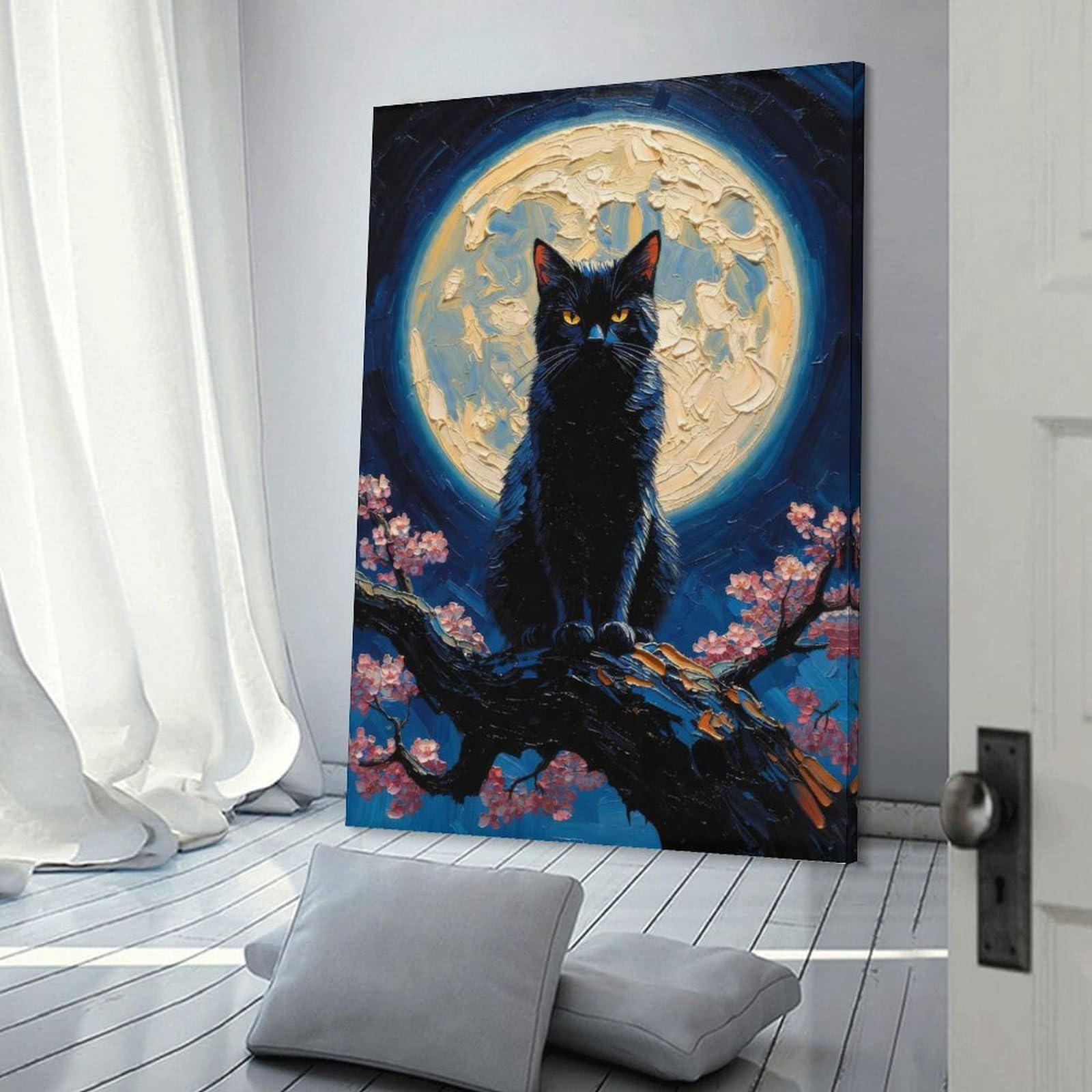 Junmoney Mysterious Black Cat Impasto Painting Under Full Moon Canvas Wall Picture, 16x24inch(40x60cm), for Wall Displays, Bedrooms Or Room Updates, Wall Decor Suited to Curated Displays