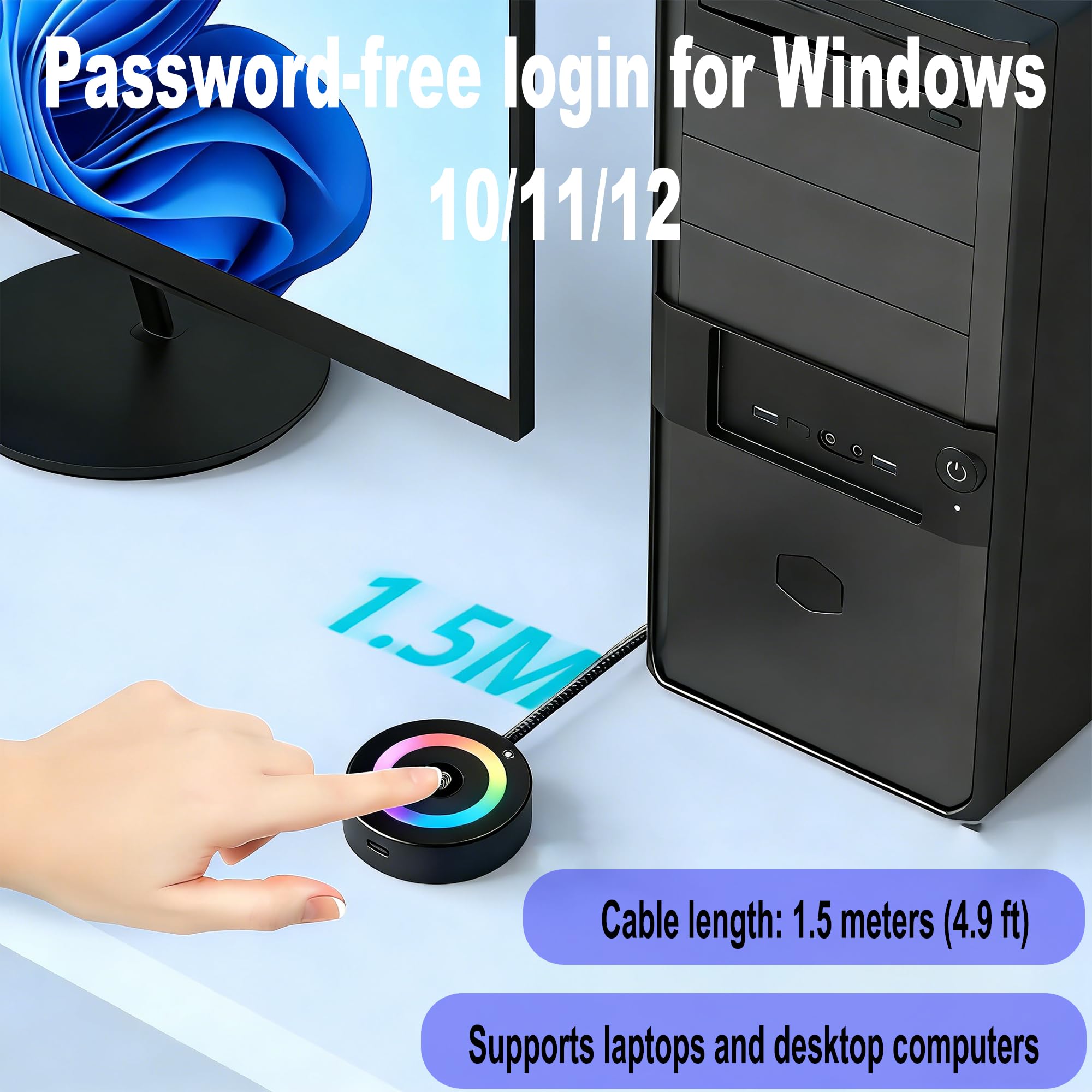 Lector de huellas dactilares USB para PC y portátil, escáner biométrico Windows Hello con tacto de 360°, inicio de sesión rápido <1s, llave de seguridad portátil para Windows 10/11