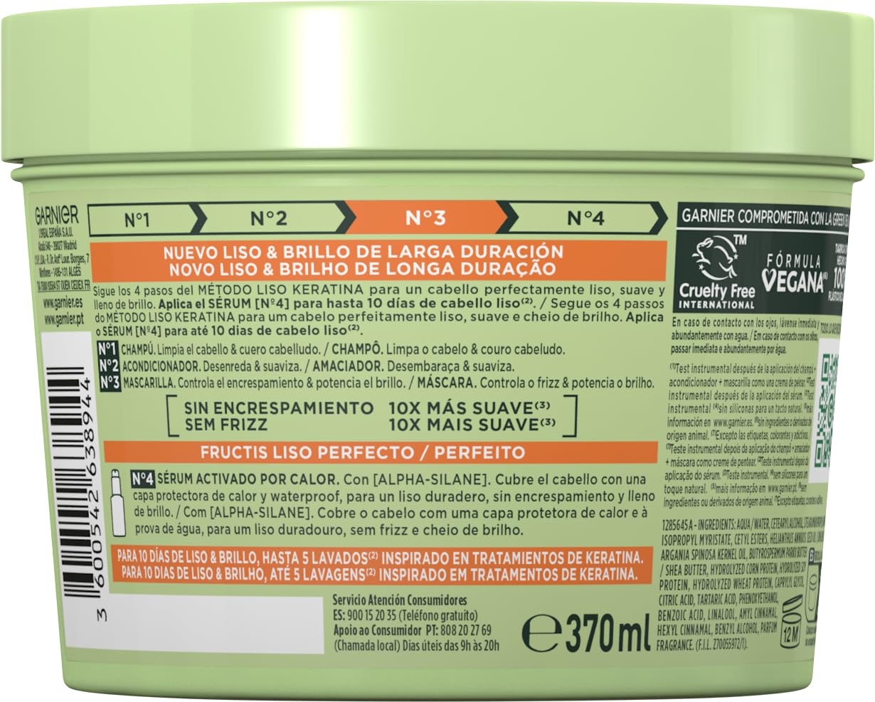 Garnier Fructis Rutina Liso Keratina para cabello encrespado: Champú + Acondicionador + Mascarilla + Sérum activado por calor Liso & Listo