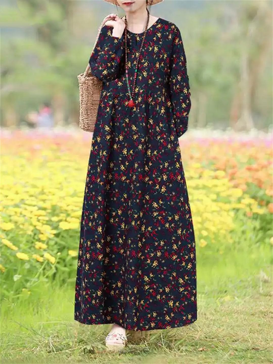 Damska sukienka vintage szlafrok Femme długi rękaw kwiatowy nadruk świąteczna długa sukienka Vestido
