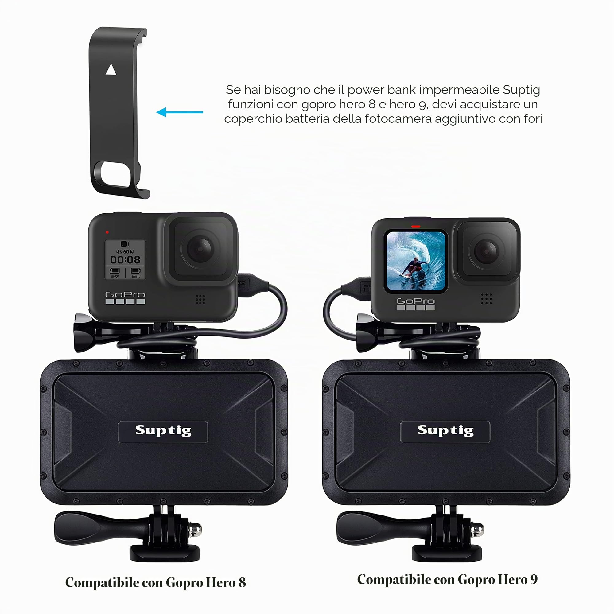 Suptig Caricabatterie portatile, 7800 mAh, impermeabile, compatibile con GoPro Hero 13, Hero 12, Hero 11, Hero 10, Hero 9/8/7/6/5/4/3, Hero Session Hero + fotocamera digitale DJI Osmo e smartphone