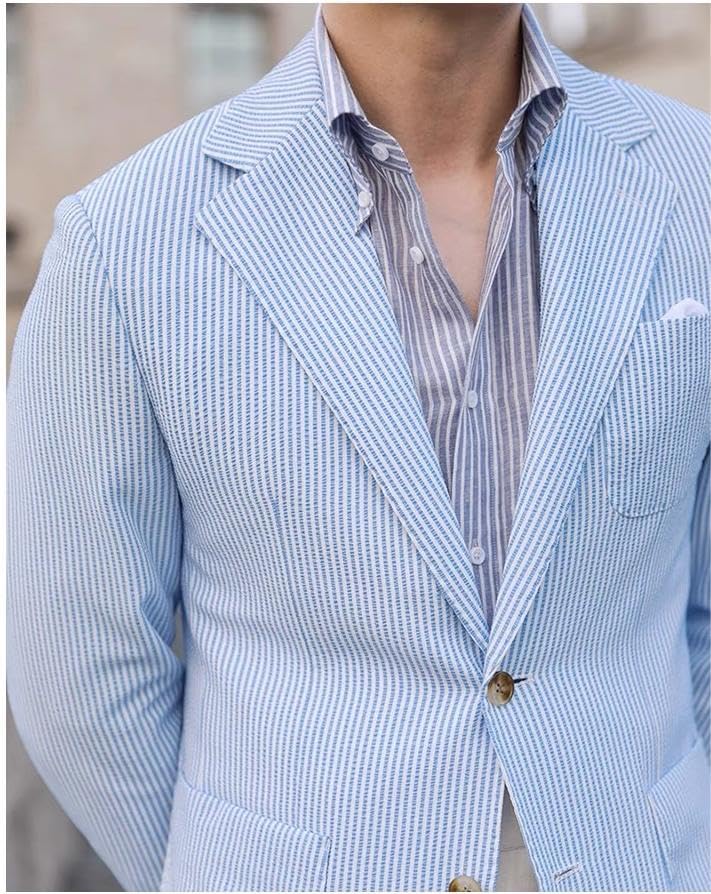 Men's Fashion Casual Slim Fit Seersucker Blazer Regular fit Jacket Lightweight 2 Button Blazer Sport Coat4