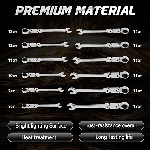 Miniatura 3 de DISEN Juego de 12 llaves de trinquete de cabeza flexible, juego de llaves métricas largas de doble articulación de 0.315-0.748 in, extremo abierto y
