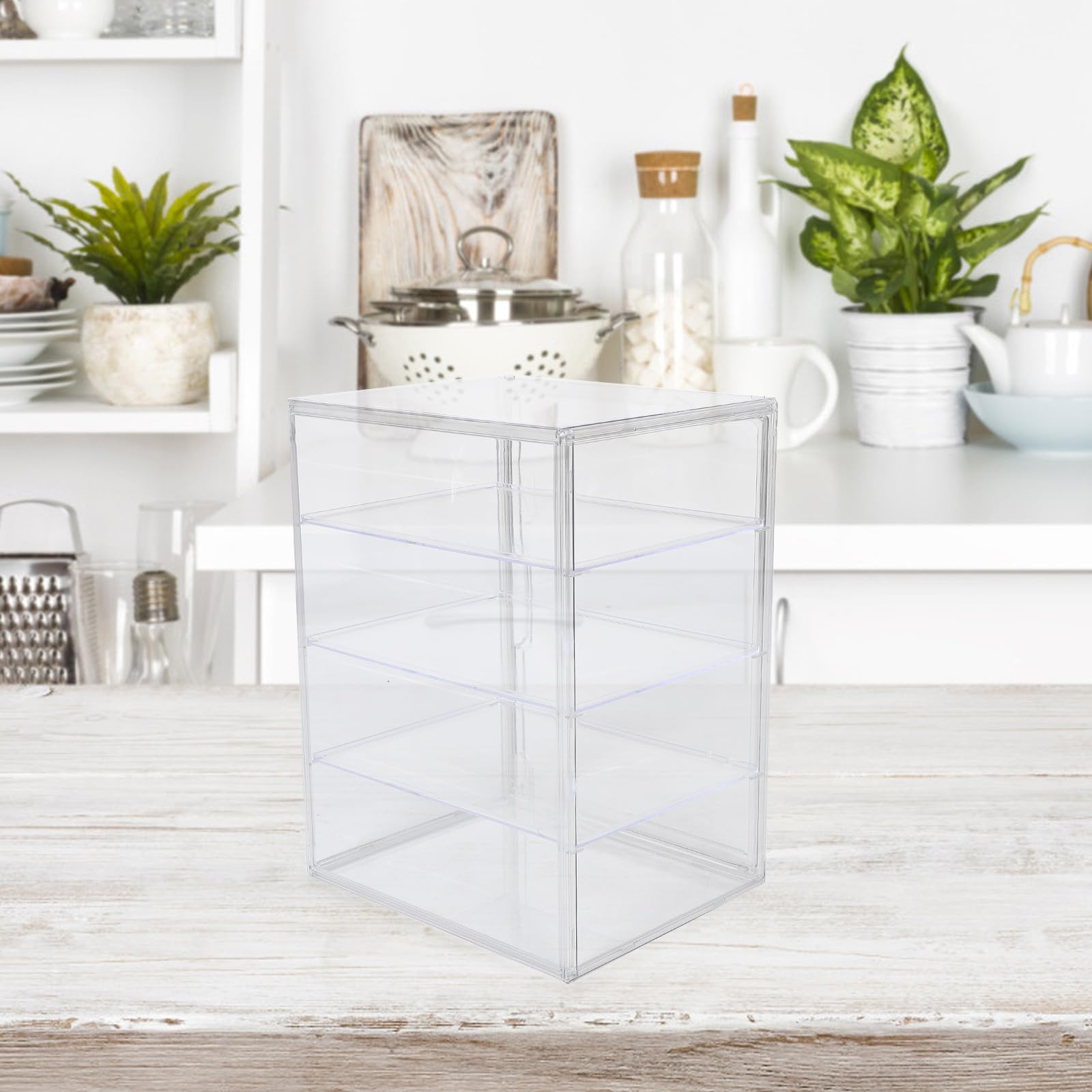 Vitrina Transparente de Acrílico de 4 Niveles con Puerta Magnética y Estantes Ajustables para Almacenamiento de Pan en Encimera de Cocina
