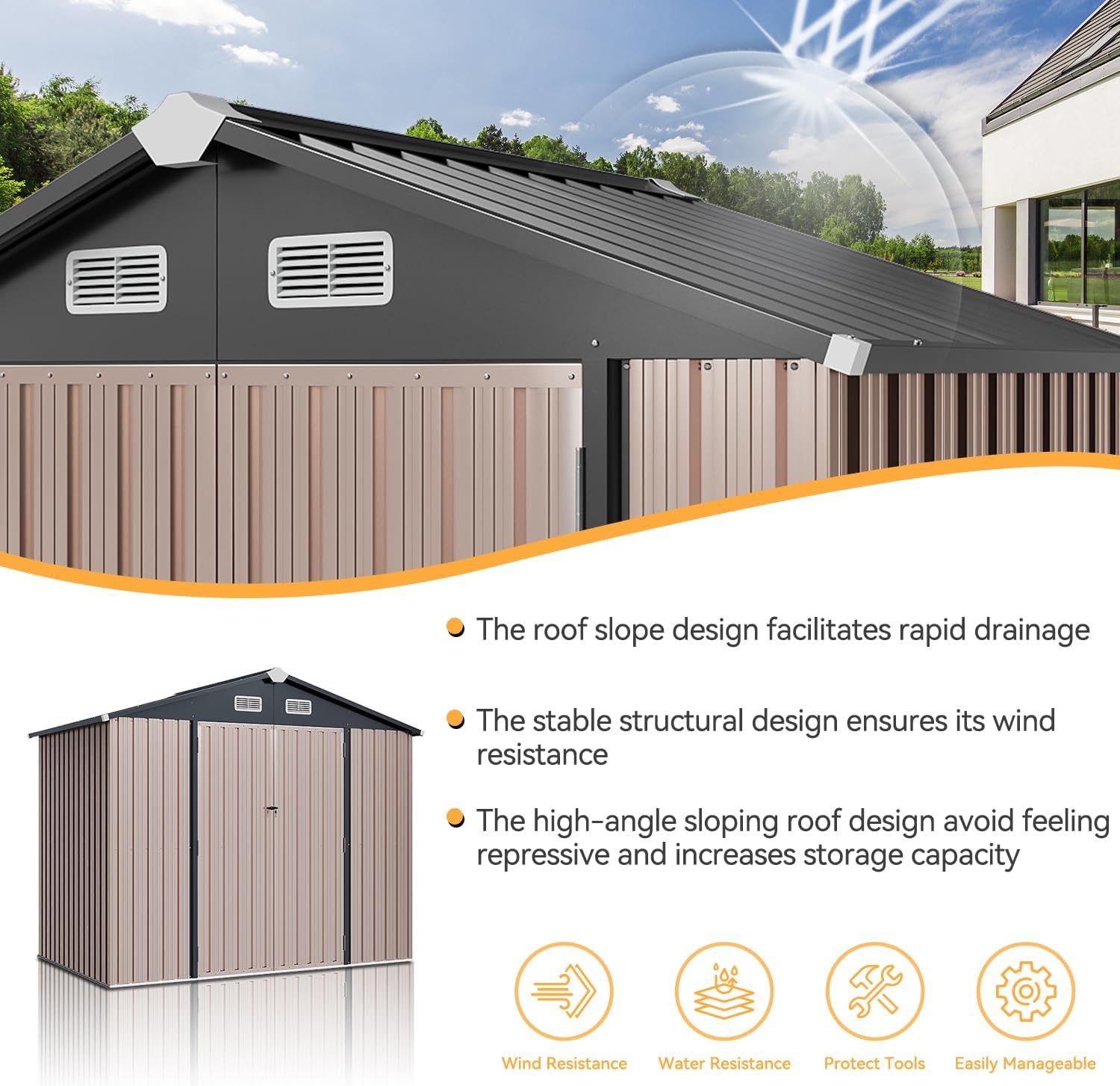 Image of the Aoxun shed's sloping roof design, emphasizing its wind resistance, water resistance, tool protection, and easy manageability features.