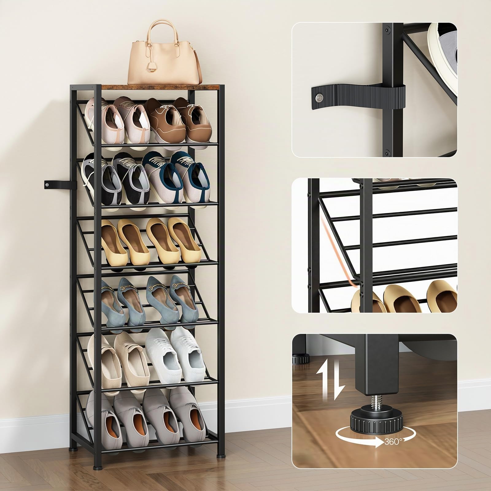 HOOBRO Étagère à Chaussures Rétro Étroite à 7 Niveaux, Étagère de Rangement Métallique de Style Industriel, pour Petits Espaces, Couloir, Chambre, Dressing, Marron Rustique et Noir EBF72XJ01