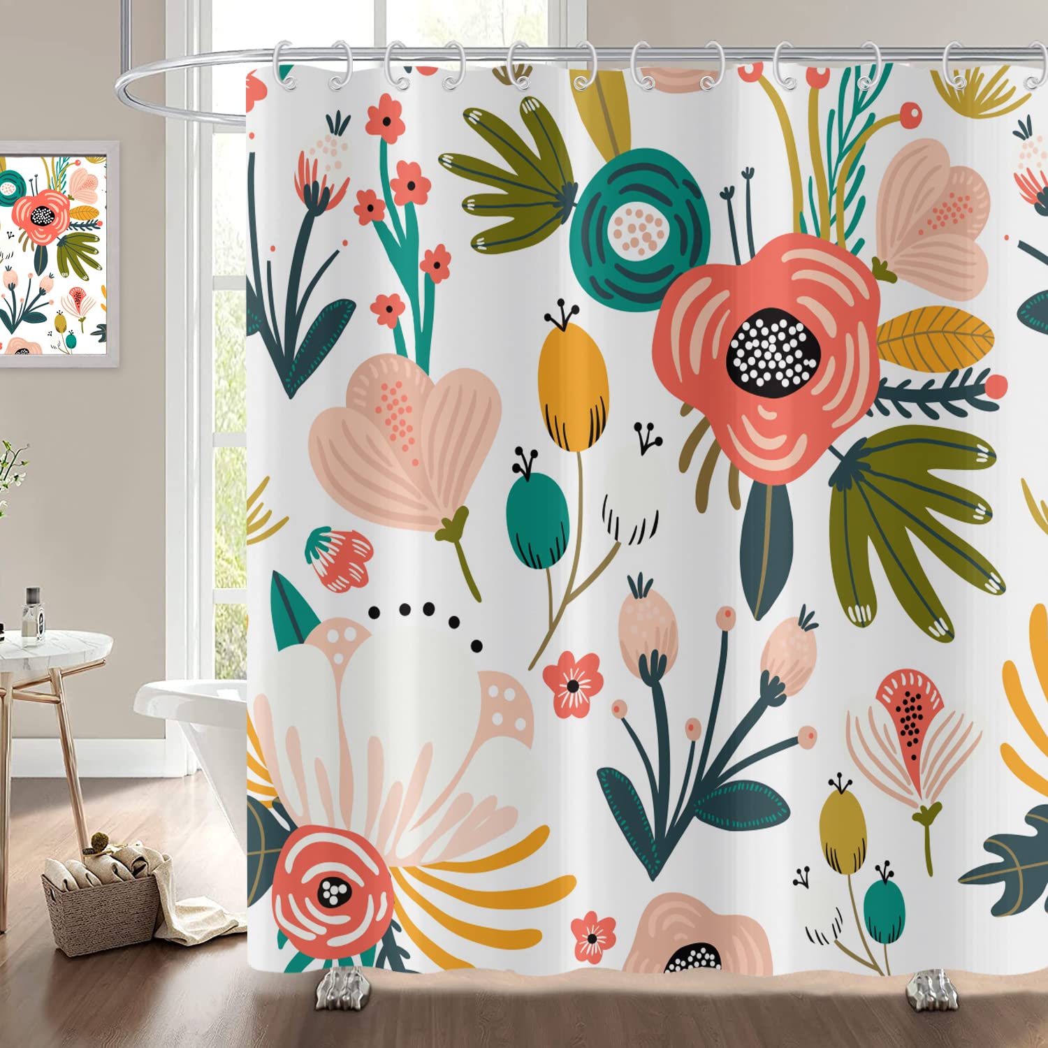 Hnmdmyi Boho Floral Shower Curtain 150x180, Bohemian Flowers Tropical Leaves Colorful Bathroom Curtains Abstract Mid Century Modern Aesthetic Art Waterproof Polyester Fabric Bath Curtains with Hooks — image 1