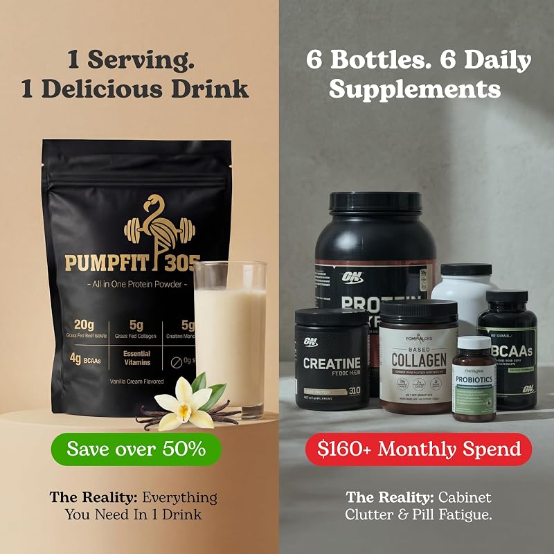 PUMPFIT 305 All-in-One Meal Replacement Shake Powder, 41g Grass-Fed Beef Protein + Creatine+ Collagen, BCAAs, Probiotics, Vitamins, Healthy Vanilla Protein Smoothie, 15 Servings image 5