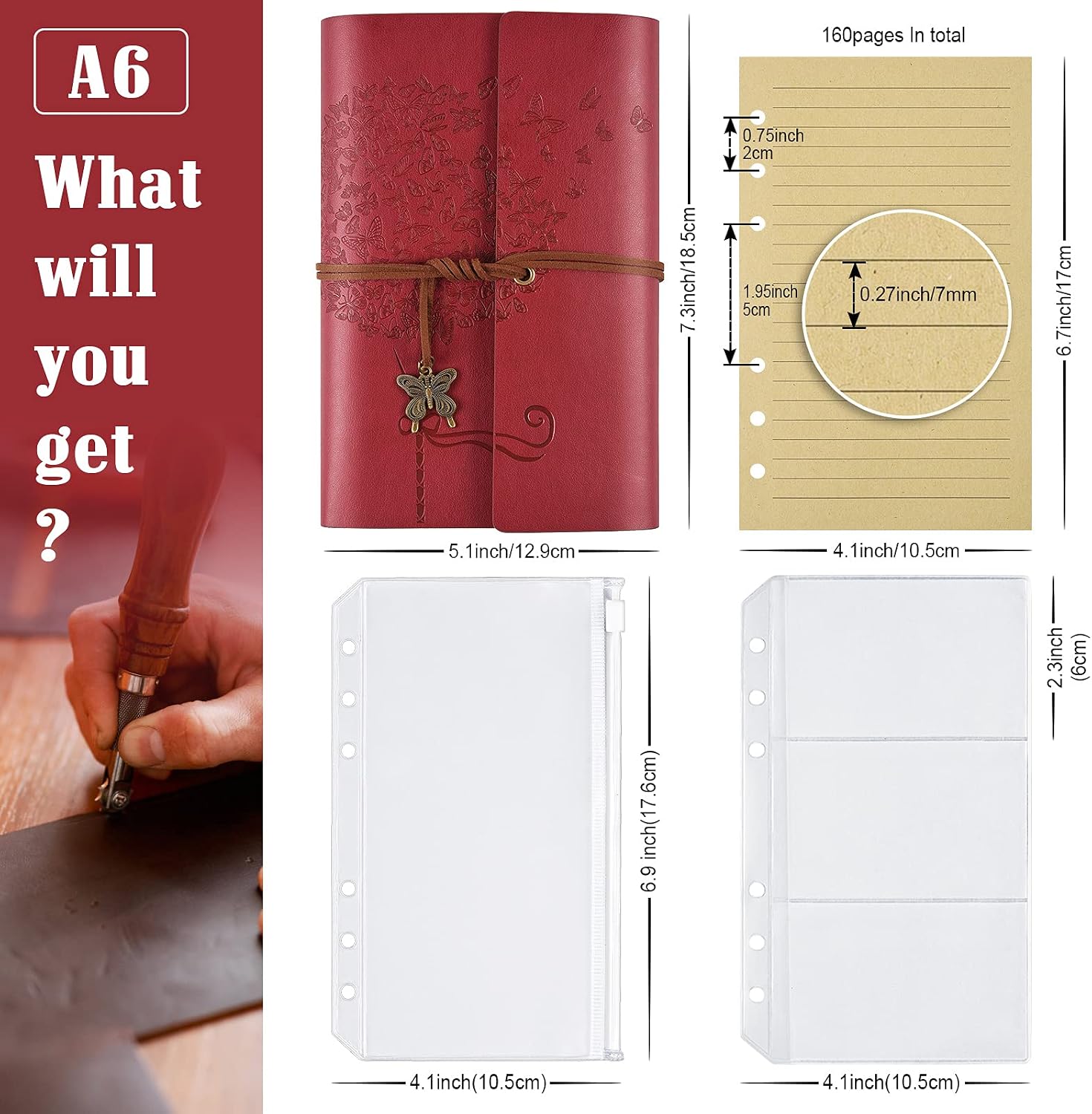 Leather Journal Notebook, Refillable Writing Journal Diary Planner for Women Girls (Red, A6 7.3'' x 5.1'')