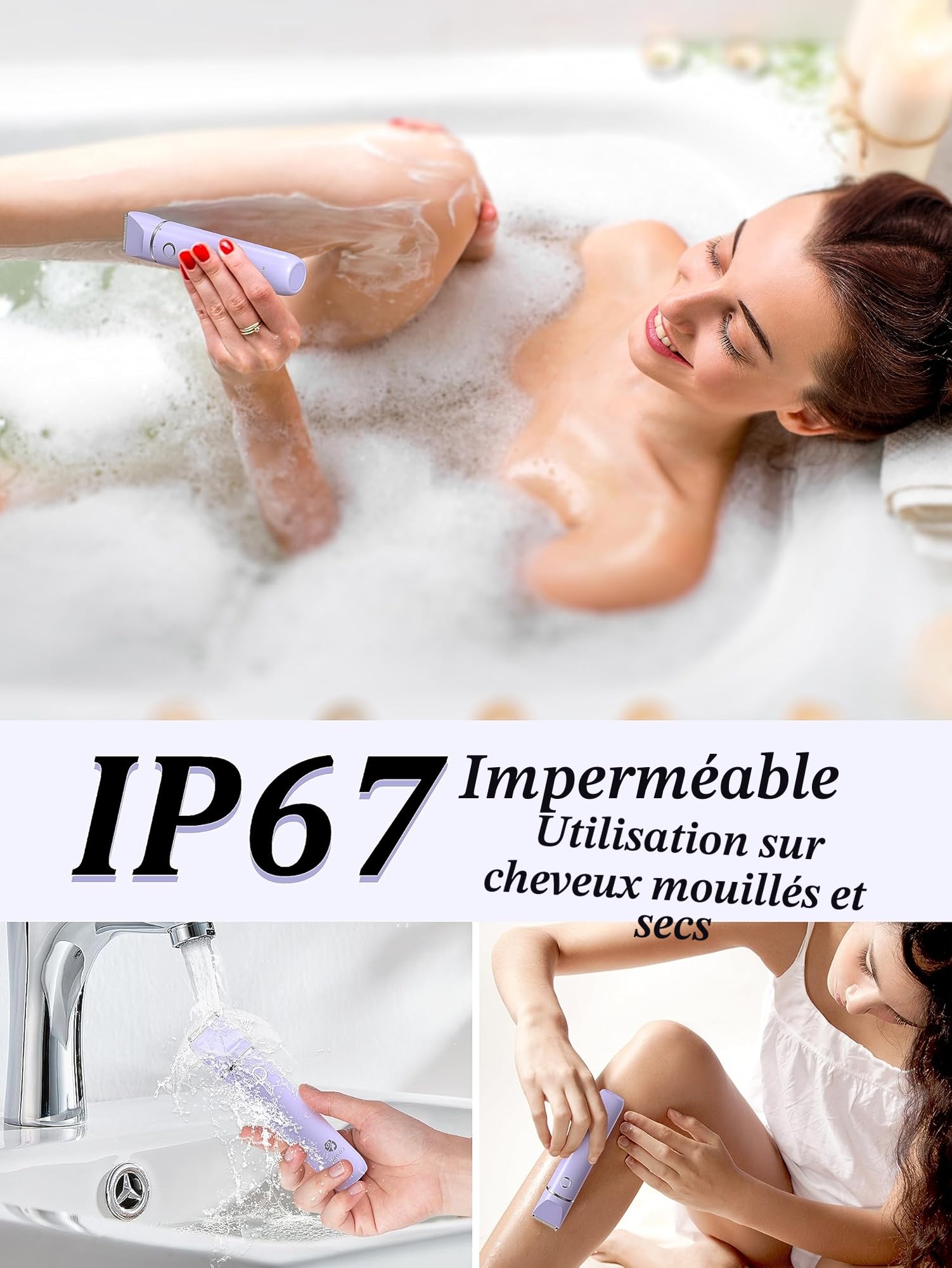 Cayzor Rasoir Electrique Femme – Tondeuse électrique 2 en 1 pour bikini humide/sec, sans fil, étanche, rasoir pour le visage, le haut, les lèvres, le menton, les aisselles, les jambes (violet)