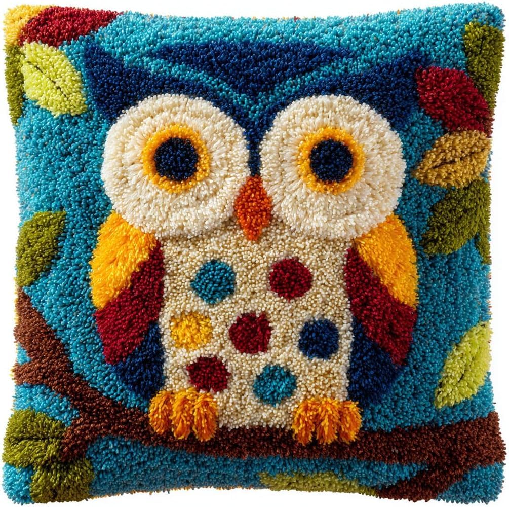 ZUHK 3D DIY Latch Hook Kits -17x17 Inch with Colorful Printed Canvas,Beginners Animals Latch Hook Pillow Kit,fit for Christmas, Halloween,Home Sofa Decoration (Owl 2)