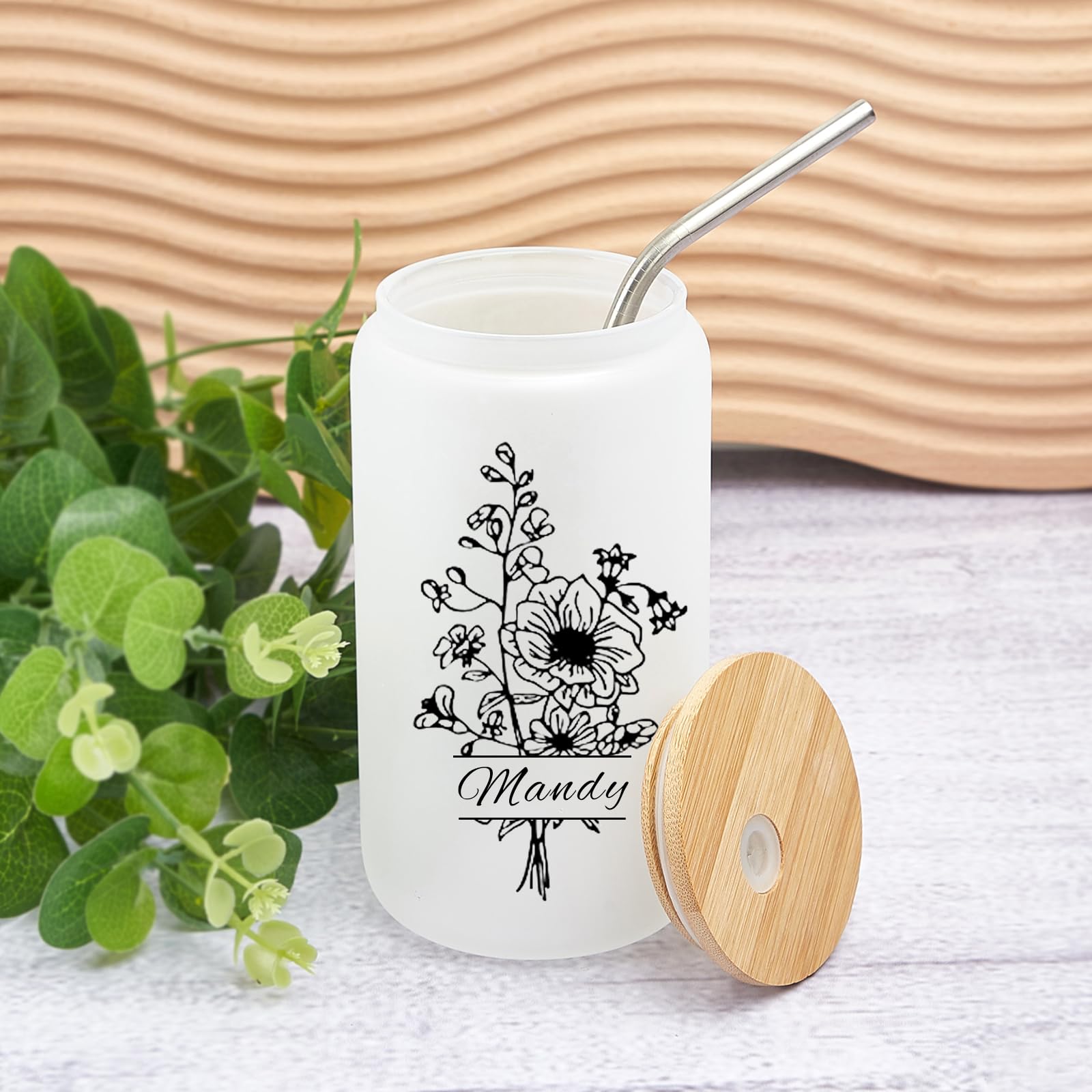 Tasse Verre Personnalisée 473ml Larfraecy - Initiale A-Z - Couvercle Bambou Et Paille - Cadeau