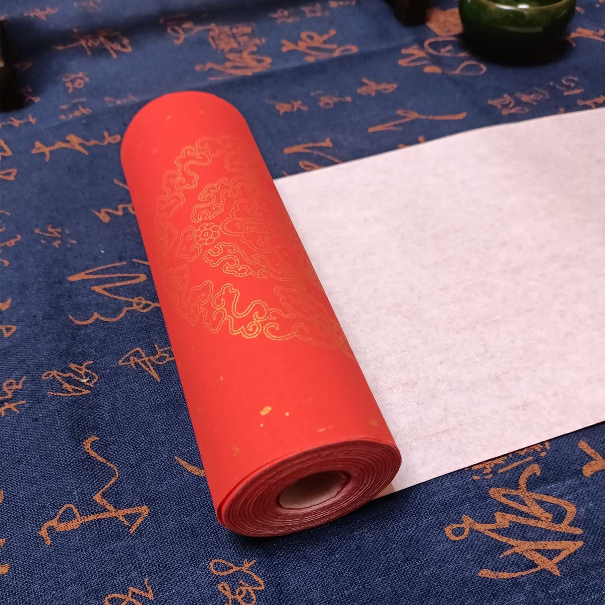 KYMY Chinese Red Xuan Paper Roll, Spring Festival Asian Blank Calligraphy Rice Paper- 17cm x 20m, Double Fish Door Chunlian Duilian Scrolls Couplets for Asian Vietnamese Korea Lunar New Year 对联春联纸