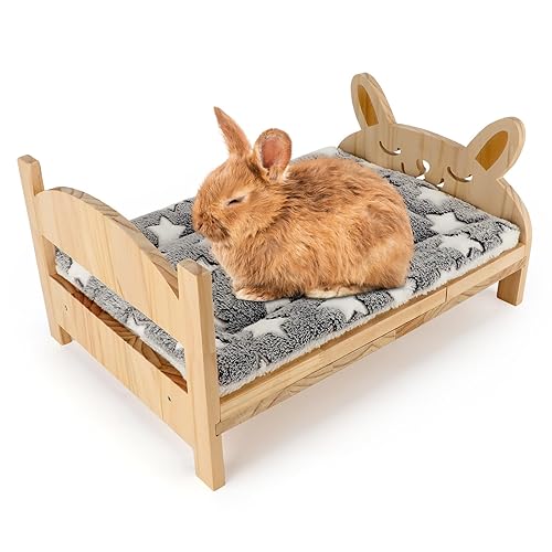 Midollarle Rabbit Bed with Soft Mat, Detachable Small Animal Bed, Wood Rabbit Habitat for Small Pets to Have a Cozy nest (Guinea Pig Hamster Ferrets Chinchilla Bunny, etc.)