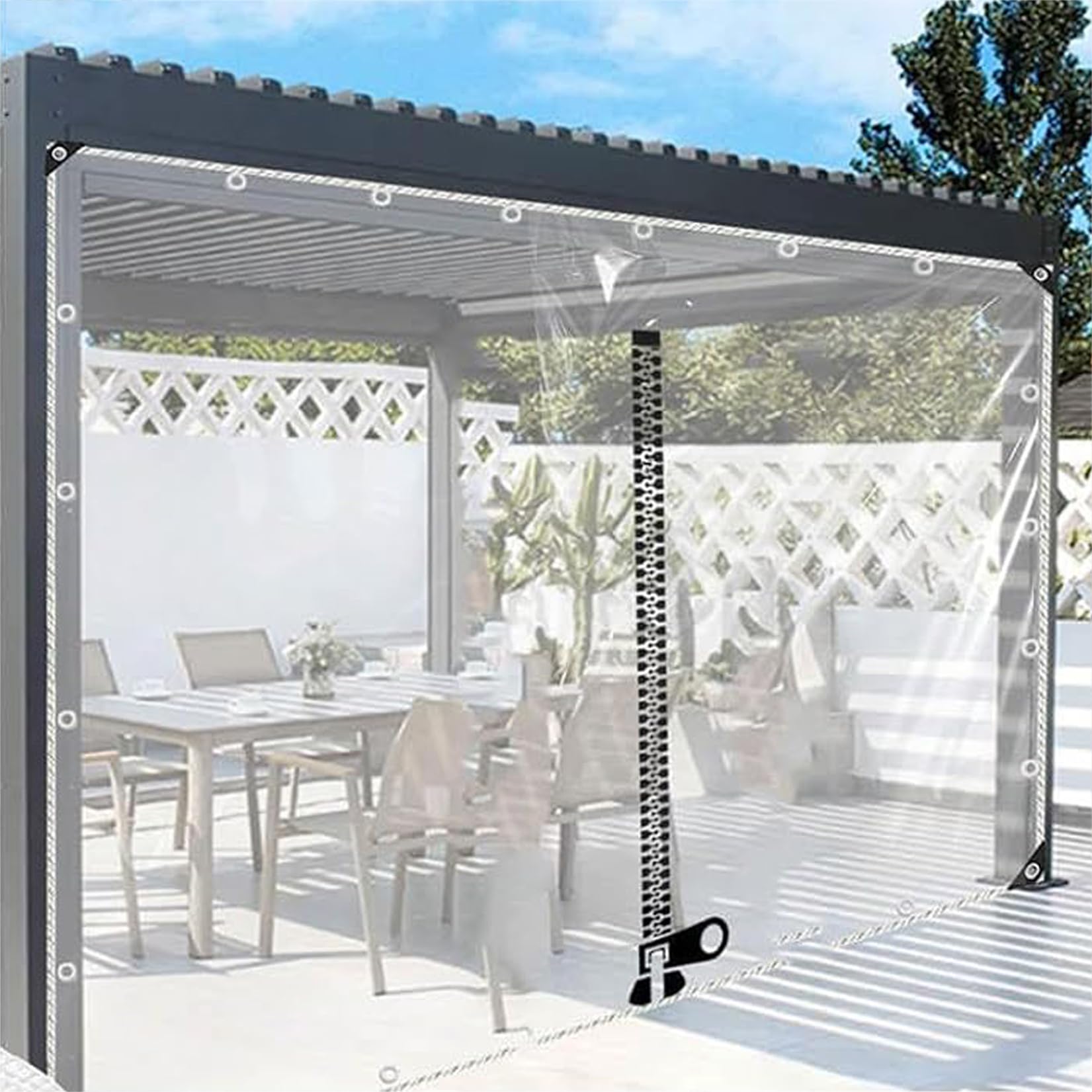 500g/m² Lona Transparente W2.5xH8m con Cremallera e Ojales para Exteriore