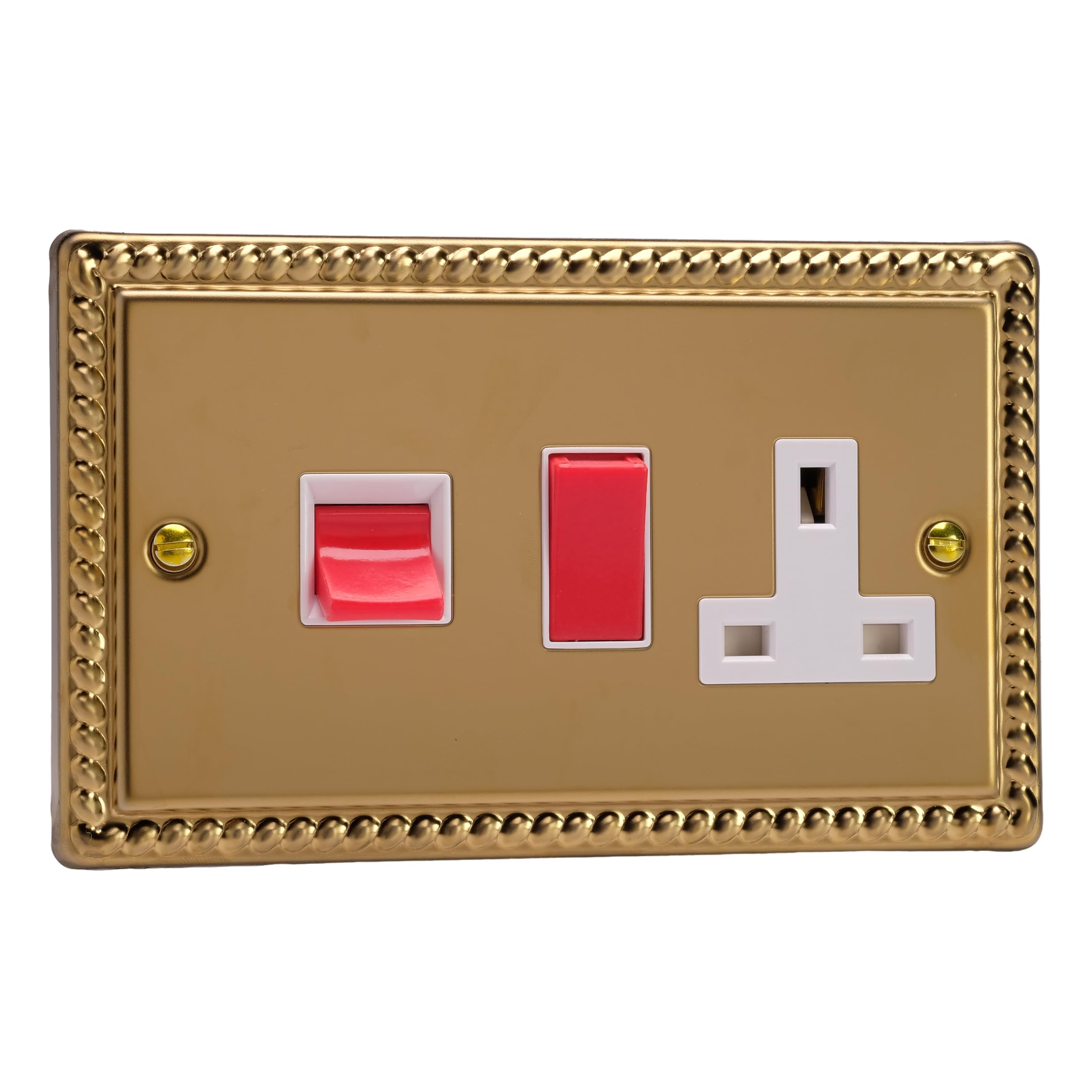 Varilight Cooker Switch With Switched Socket Outlet - Classic Georgian Brass With White/Red Insert, XG45PW