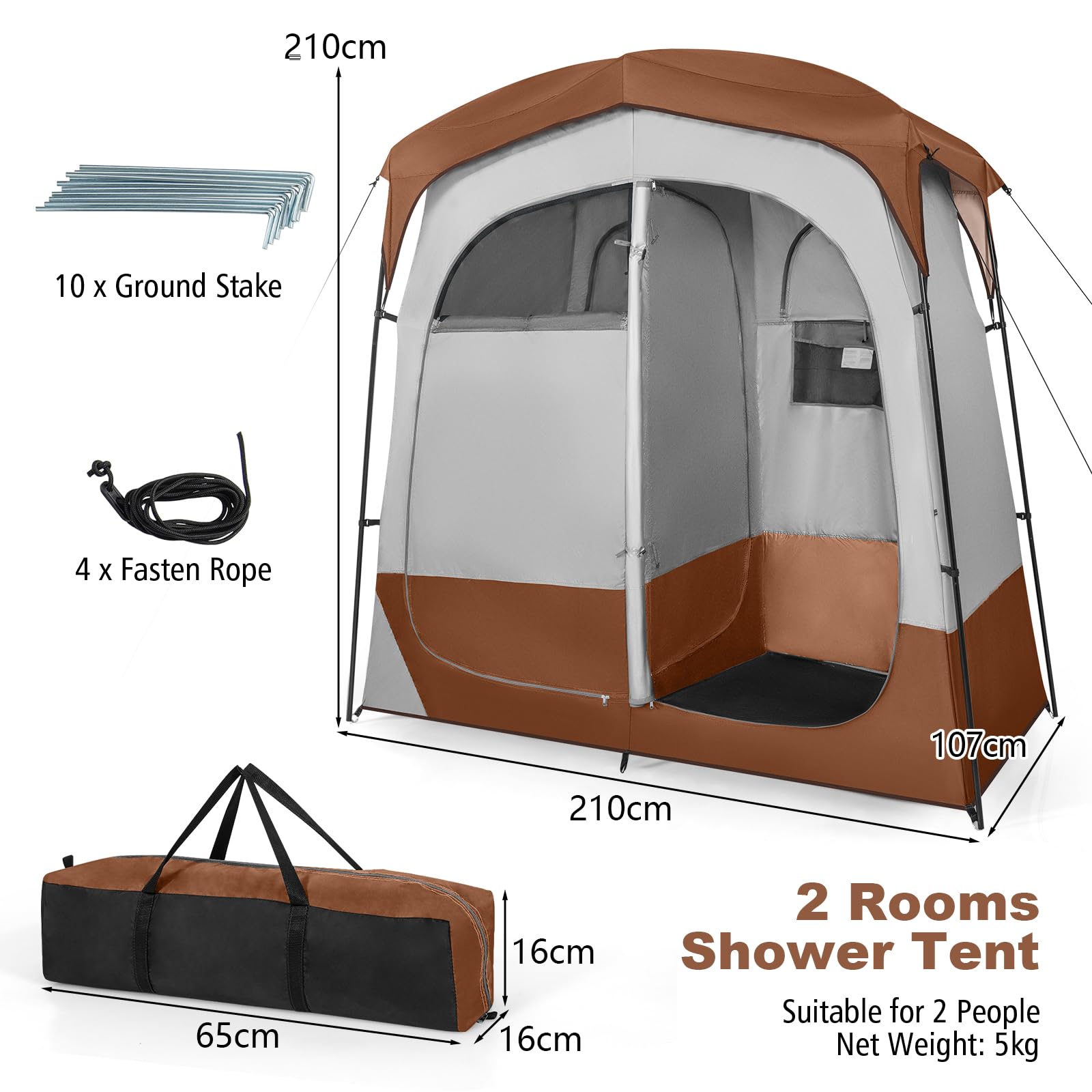 HOMASIS Tente de Douche Double pour Camping, Tente de Salle de Bain pour WC avec Fenêtre, Poche de Rangement, Crochet et Sac de Transport, Vestiaire Portable pour Plage, Randonnée, Pêche