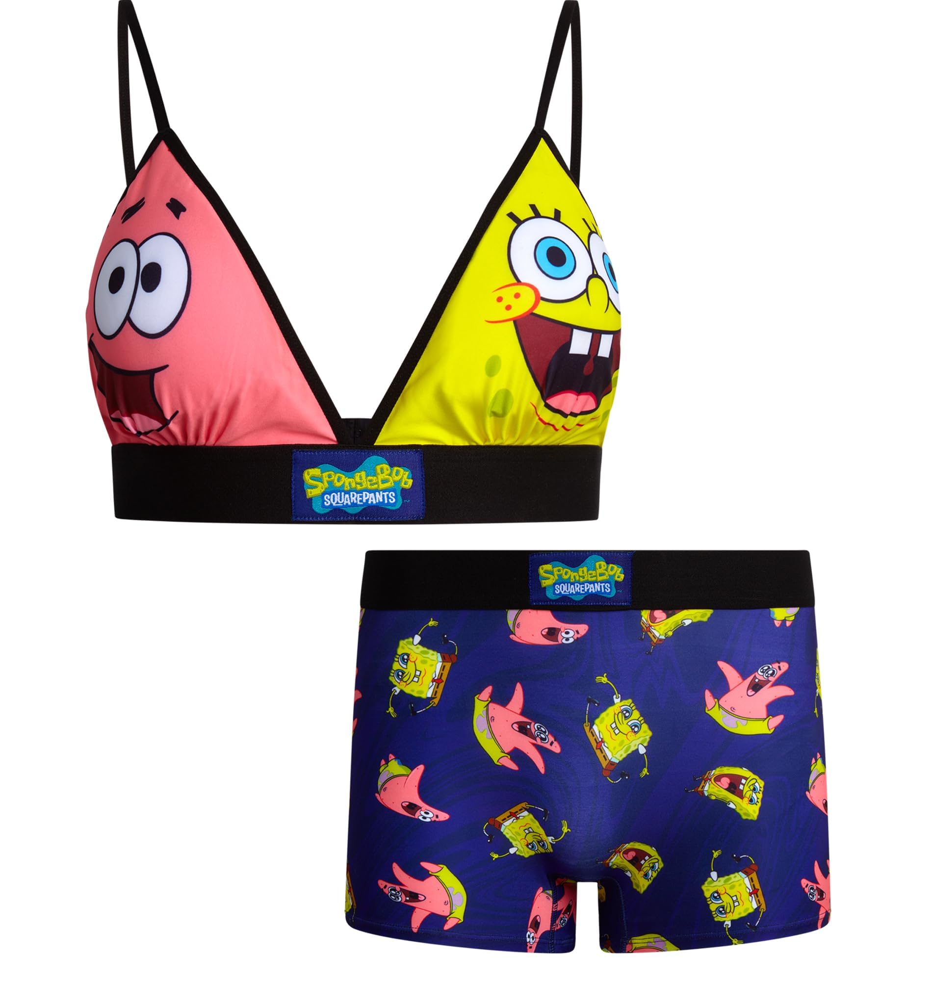 COCO BRANDS Womens Sports Bra Set - 2 Piece Soft Sports Bra and Boxer Briefs Underwear for Women (Sizes S-XL), Spongebob & Patrick Print, Large