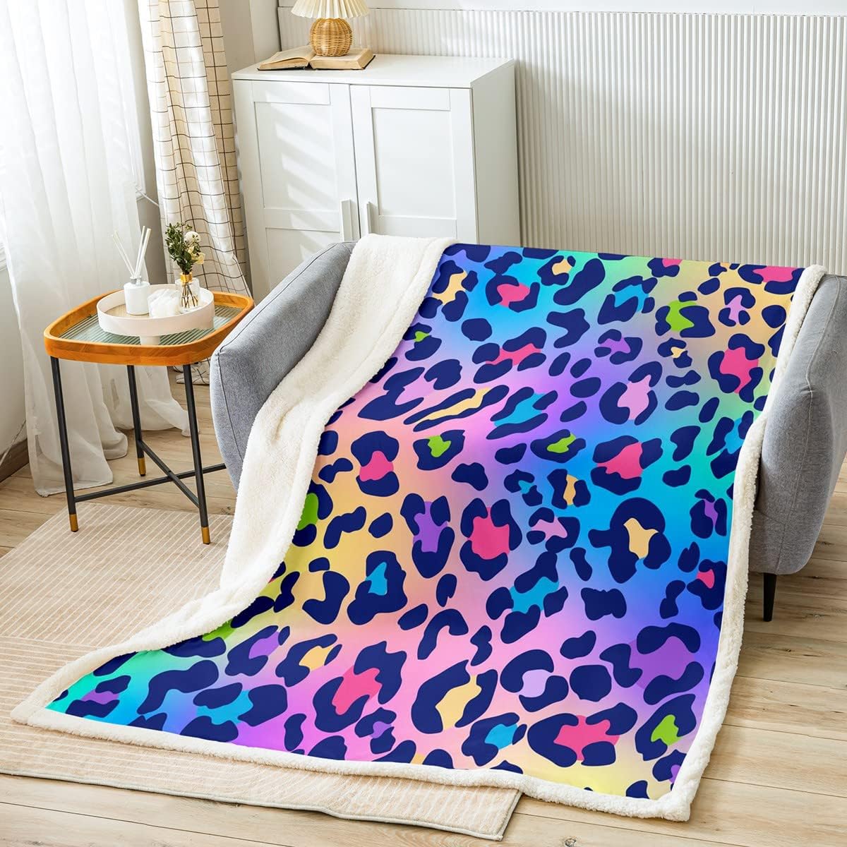 Leopard Print Sherpa Blanket Africa Cheetah Print Fleece Throw Blanket Rainbow Leopard Design Plush Blanket Room Decor Safari Animal Pattern Fuzzy Blanket for Sofa Bed Couch, Throw 50x60 Inc