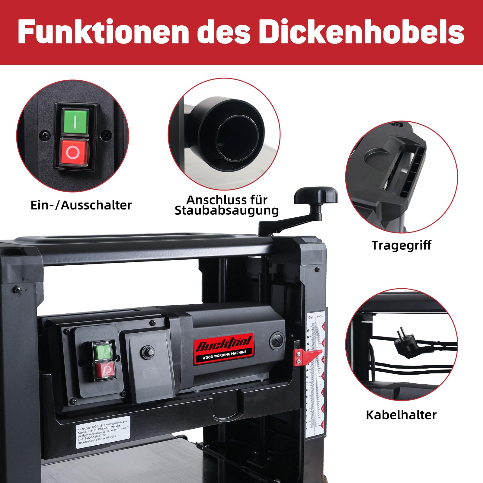 Bucktool Grubościówka 330 mm, 1800 W, 9500 obr./min, wysokość i szerokość przepustu 152/330 mm, maks. pobór wiórów 3 mm, z przyłączem do odsysania kurzu, do obróbki drewna