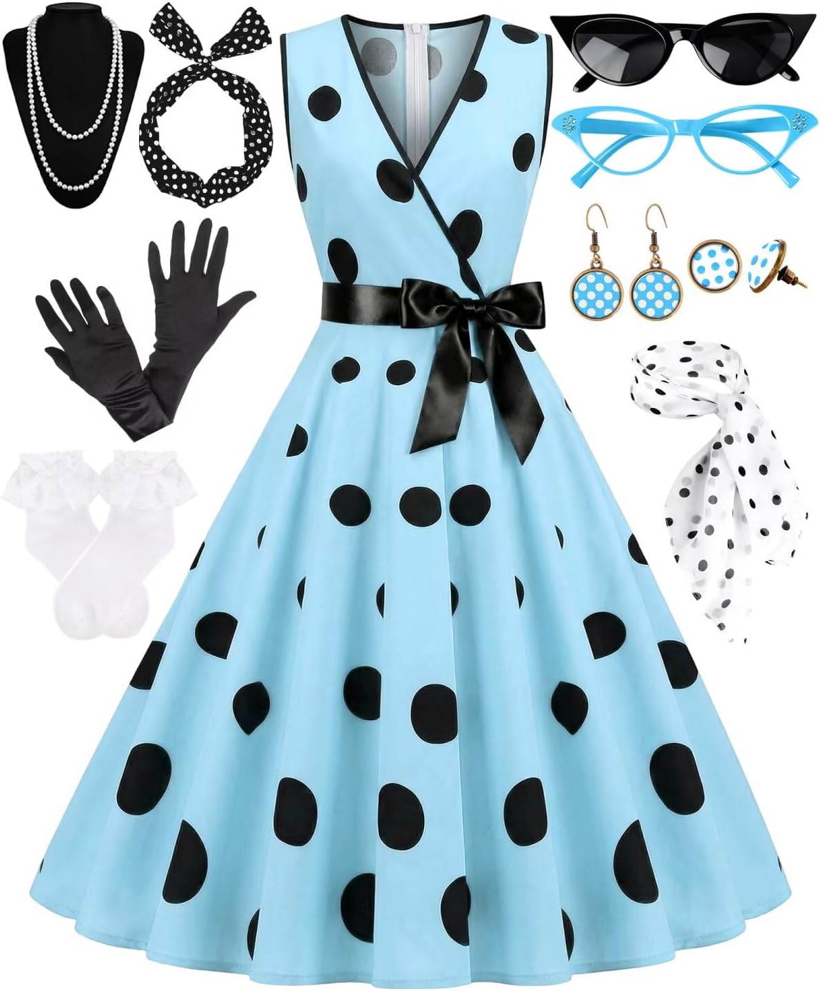 1950s Polka Dots Dress Women V-Neck Sleeveless Swing Vintage Cocktail Tea Party Dresses Retro Accessories