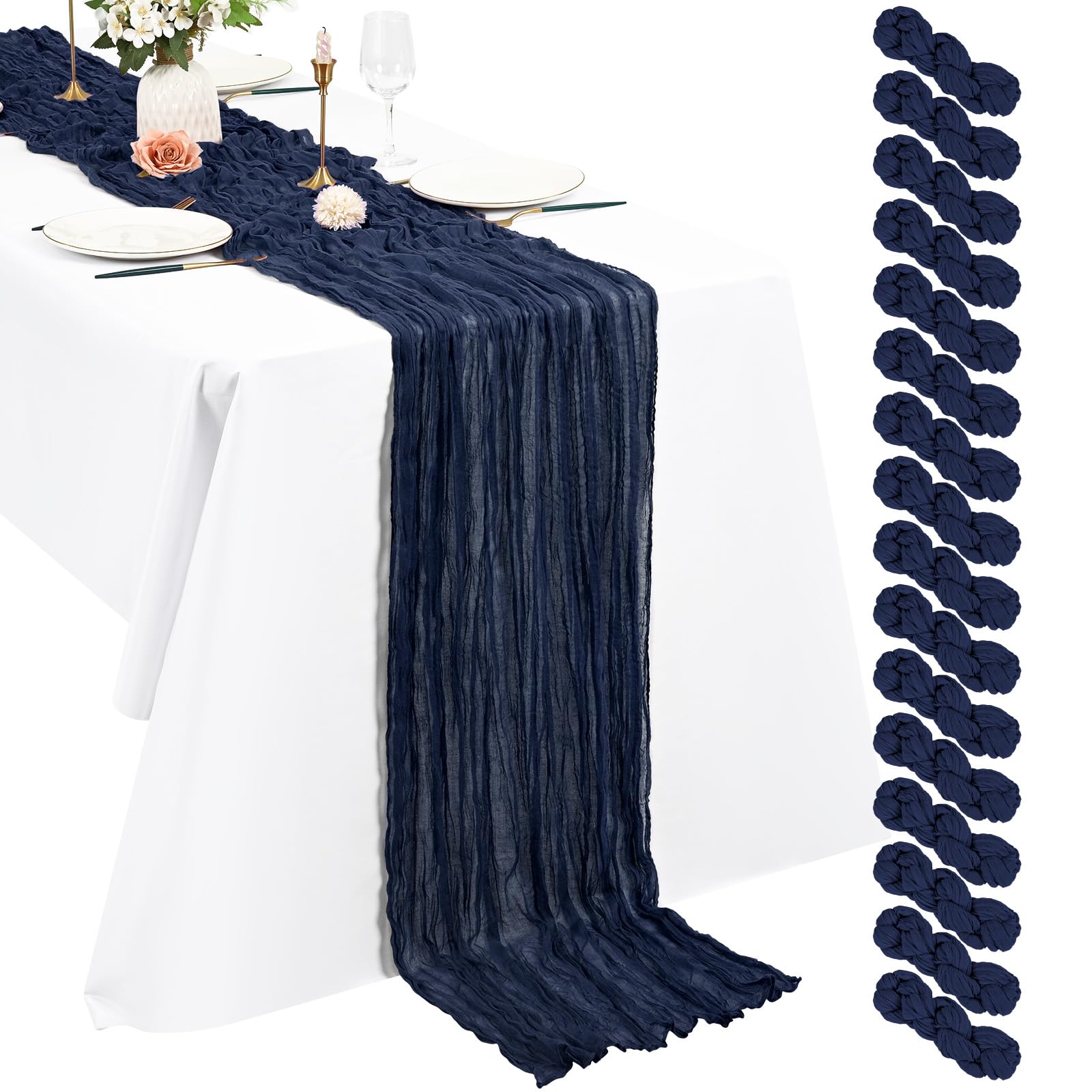 Chemins de table en étamine bleu marine 304 cm déco mariage rustique