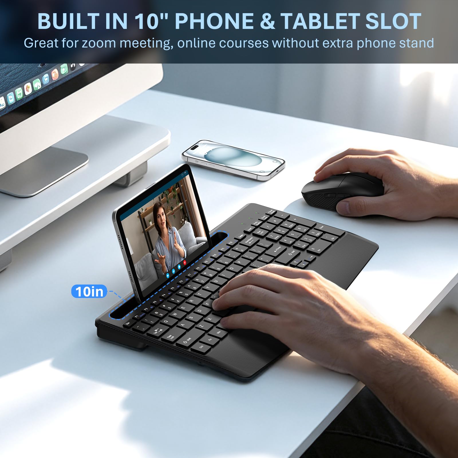 Cicha bezprzewodowa kombinacja klawiatury i myszy, ergonomiczna podpórka pod nadgarstek i uchwyt na tablet na telefon, adapter USB-C w zestawie, zestaw bezprzewodowy 2,4 G bez opóźnień do systemu