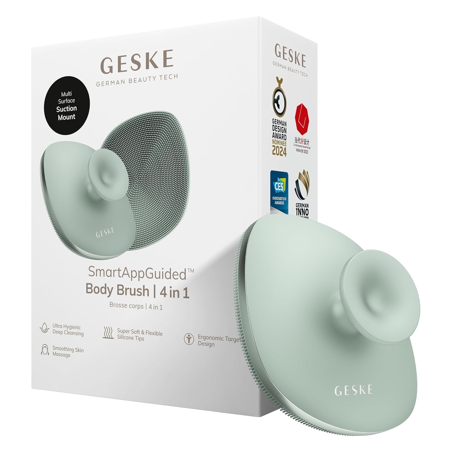 GESKE Body Brush | 4 in 1 | Design with Metal Ring | Cleansing Brush for The Entire Body | Professional Deep Cleaning | Soft Silicone Bristles | Ergonomic Two-Finger Design