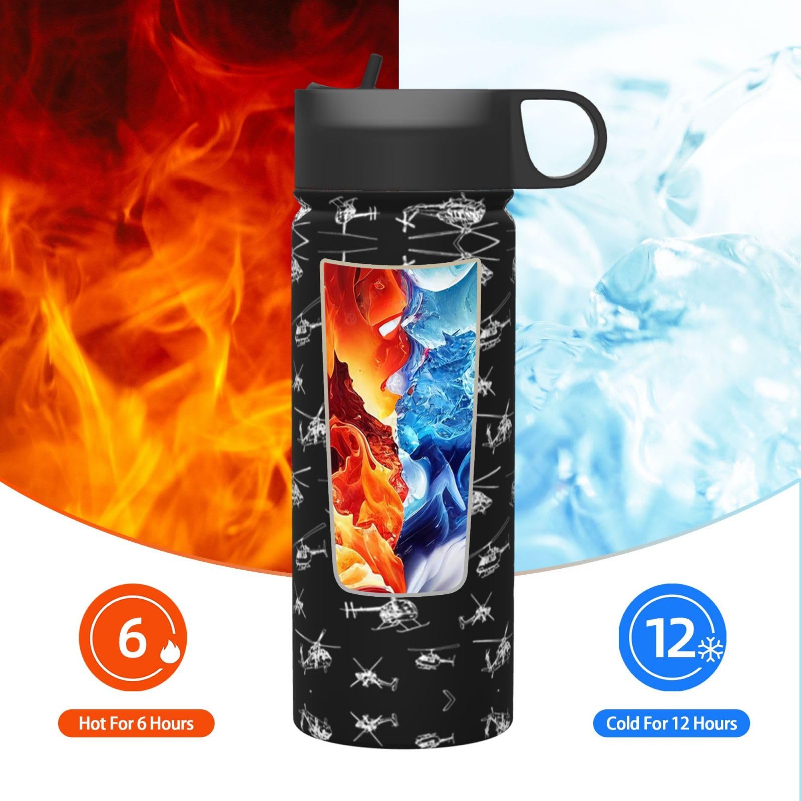 Sport-Trinkflasche mit Hubschrauber-Motiv, 530 ml, isoliert, mit Strohhalm