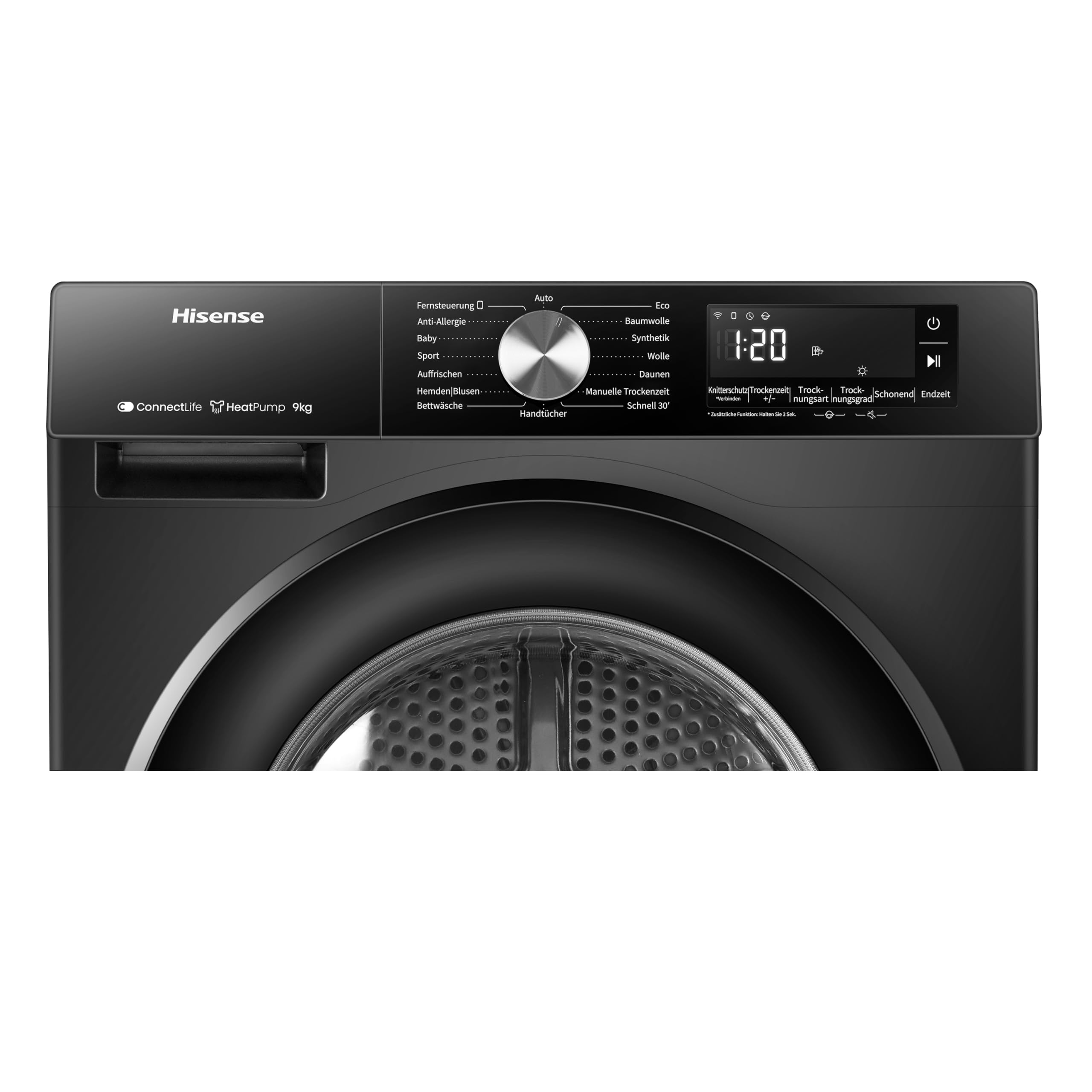 Hisense DH3S902BBCC Kondenstrockner mit Wärmepumpe / 9KG / 16 Programme/ConnectLife/Autodry/QuickDry/Allergie-Pflege/Auffrischen/TwinAir/DelayEnd/Feuchtesensor/EEK: C/Schwarz