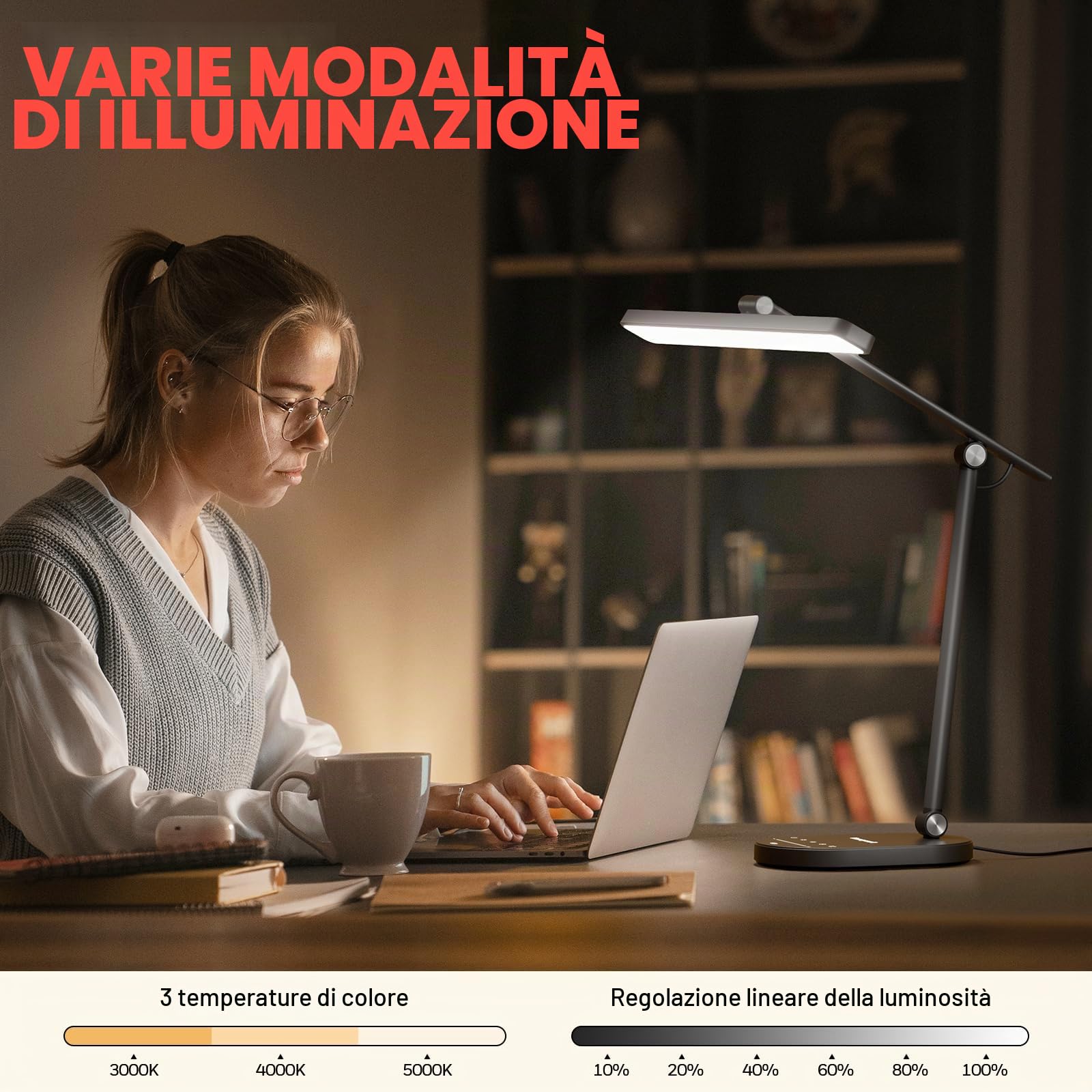 Honeywell HWT-H4 Lampada da Scrivania LED 700LM, Protezione degli Occhi, 3 Temperature di Colore e 5 Livelli di Luminosità, Sensore Auto-Dimming, Timer 60 Minuti, Lampada per Studio, Lettura e Ufficio