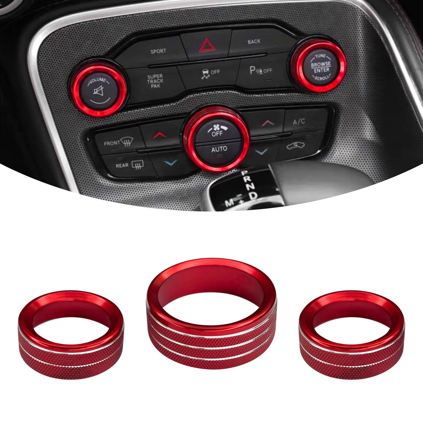 3PCS Air Conditioner Button for Challenger Durango 2015-2022, Car Interior Decorated Colored Climate Control AC Switch Audio CD Aluminum Trim Alloy Knob Cover Ring(Red)