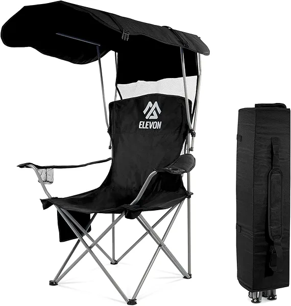 Elevon Camping Chair, Oversized Folding Chair with Canopy, Portable Outdoor Chair with Arms, Cup Holder and Carry Bag for Camping, Fishing, Beach, and Sports, Graphite