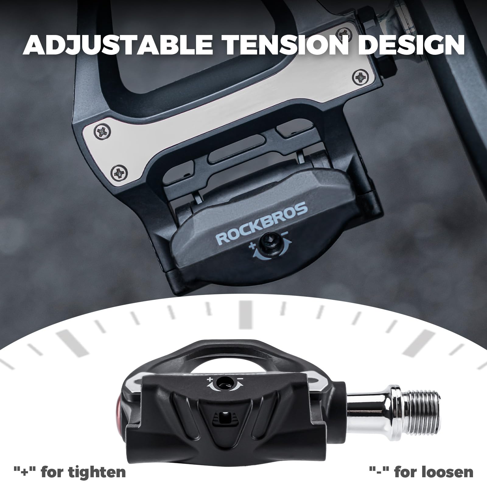 ROCKBROS Pedali Bici Corsa Asse Acciaio | con Regolazione Tensione, Antiscivolo e Cuscinetti Sigillati, Compatibili con Cleats Standard, per Strada e Allenamento
