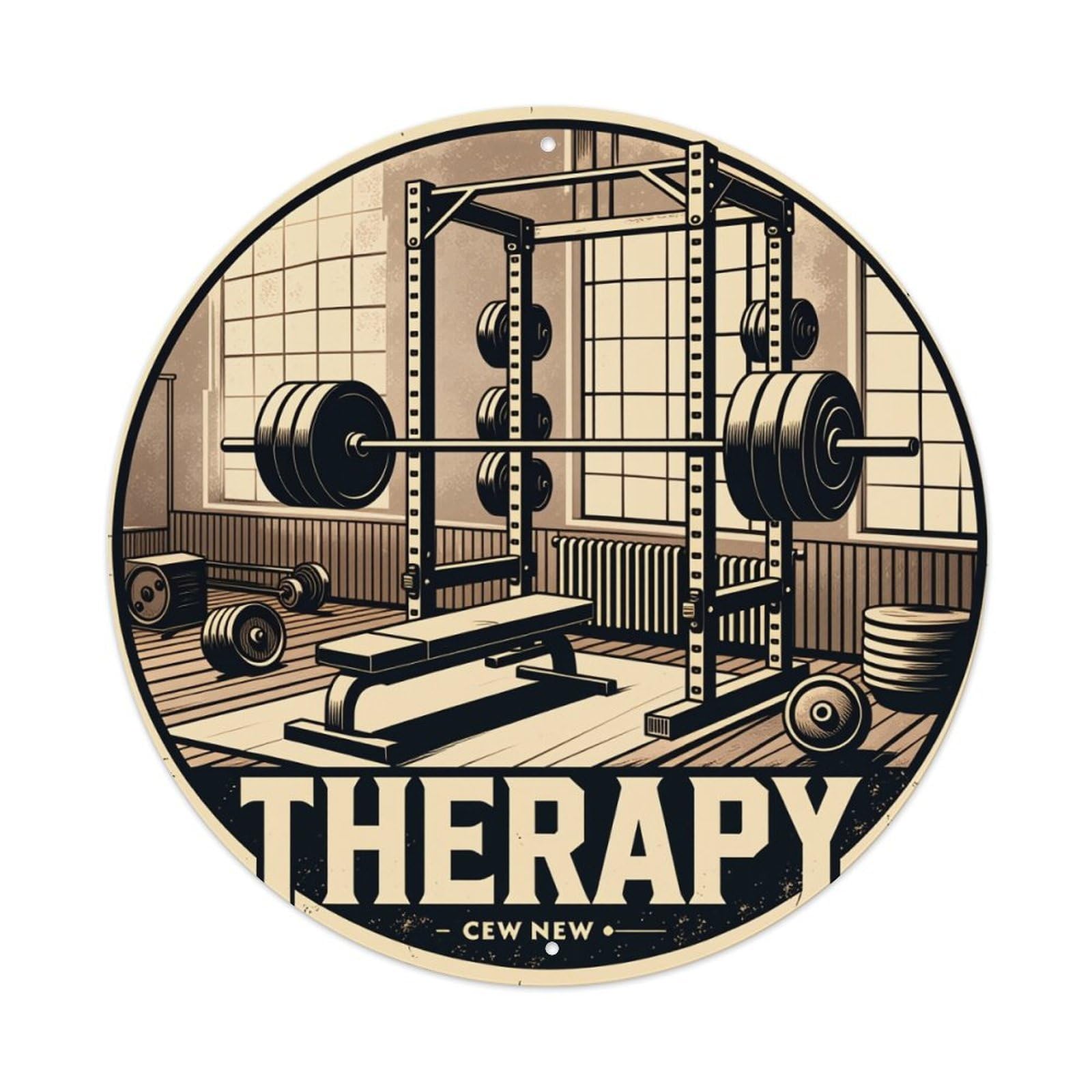 Gym Equipment Weightlifting Bench Barbell Rack Therapy Round Vintage Tin Sign,Retro Wall Art,Metal Poster for Home, Bar, Garage, Cafe, Rustic Indoor & Outdoor Decor, 8x8 Inches