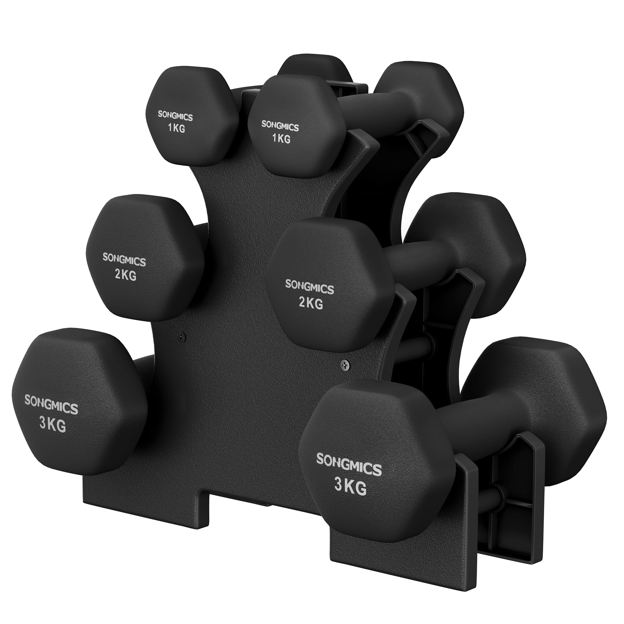 SONGMICS Hex Dumbbells Set with Stand, 2 x 1 kg, 2 x 2 kg, 2 x 3 kg