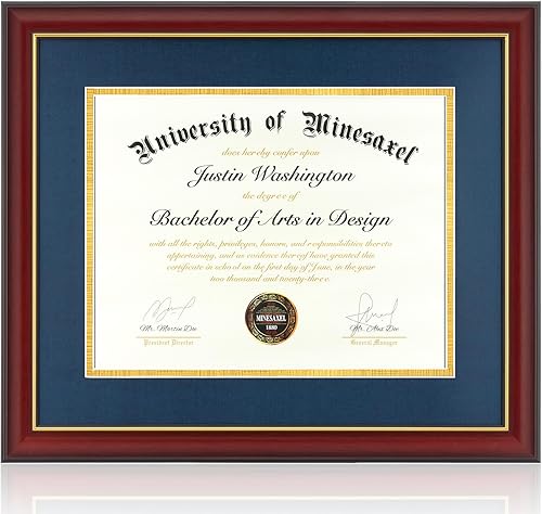 Marco de diploma de 14 x 17 pulgadas con paspartú azul para documentos, certificados o imágenes de 16 x 20 pulgadas sin paspartú, marco rojo cereza