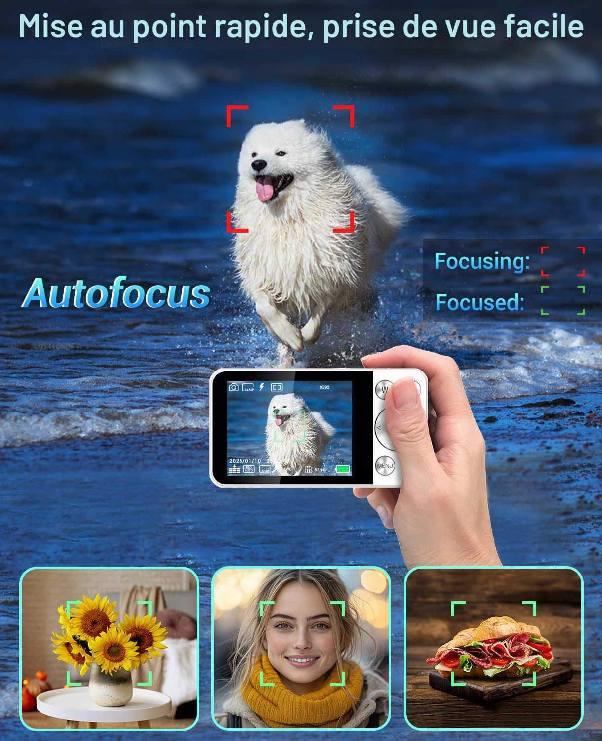 Appareil Photo Numérique 4K 64MP, Wevoor 64 GB Appareil Photo Numérique Compact avec Écran 2,8", 2000mAh Batterie, Appareil Photo Portable pour Débutants Enfants Adolescents - Blanc