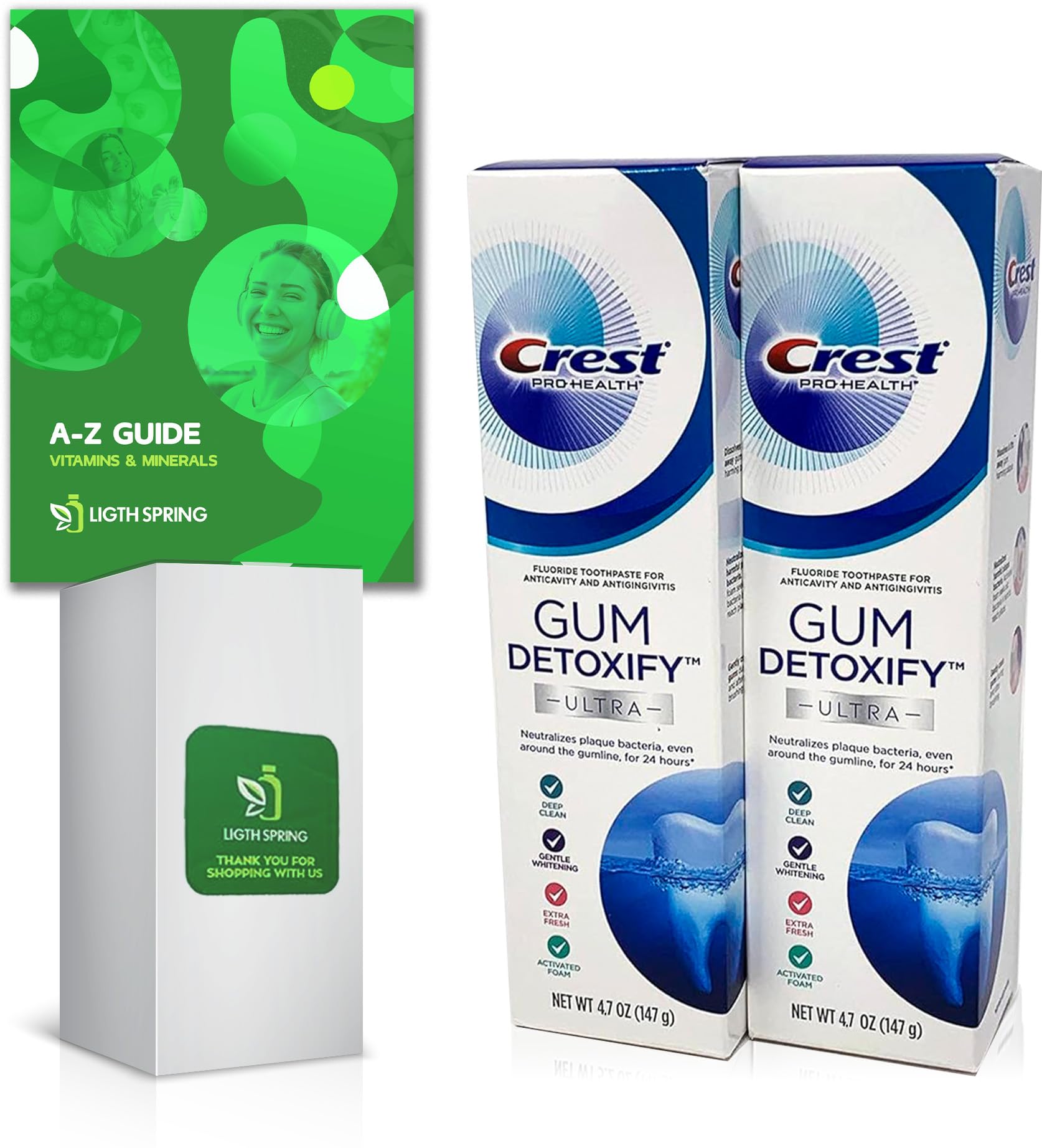 Crest Ultra Pro Health Gum Detoxify Toothpaste, 4.7 Ounce (Pack of 2), Bundle: Toothpaste Squeezer, Two No-Mess Caps, Guide to Better Oral Health Habits Light&Spring. (5 Items)