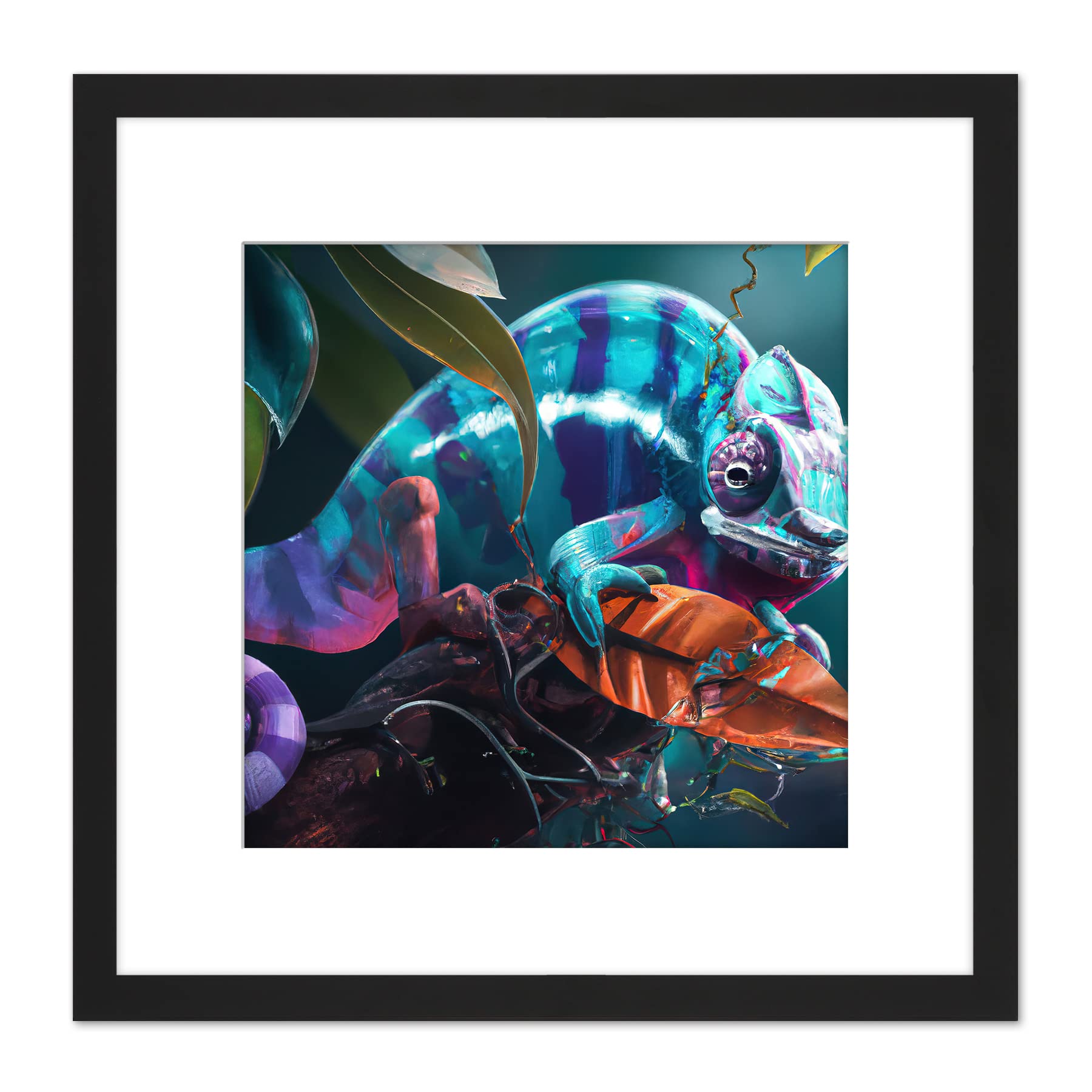 Artery8 Blue Chameleon Lizard Reptile Portrait Painting Square Wooden Framed Wall Art Print Picture 8X8 Inch