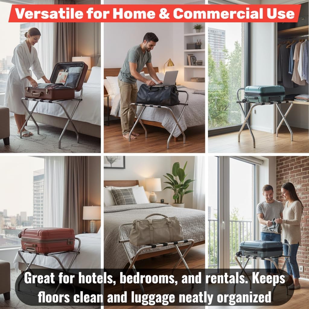 Folding Luggage Rack, Heavy-Duty Metal Frame, Foldable Suitcase Stand for Hotel Guest Room, Travel Bag Holder, Space-Saving Design (Chrome, Without Back / Guard)