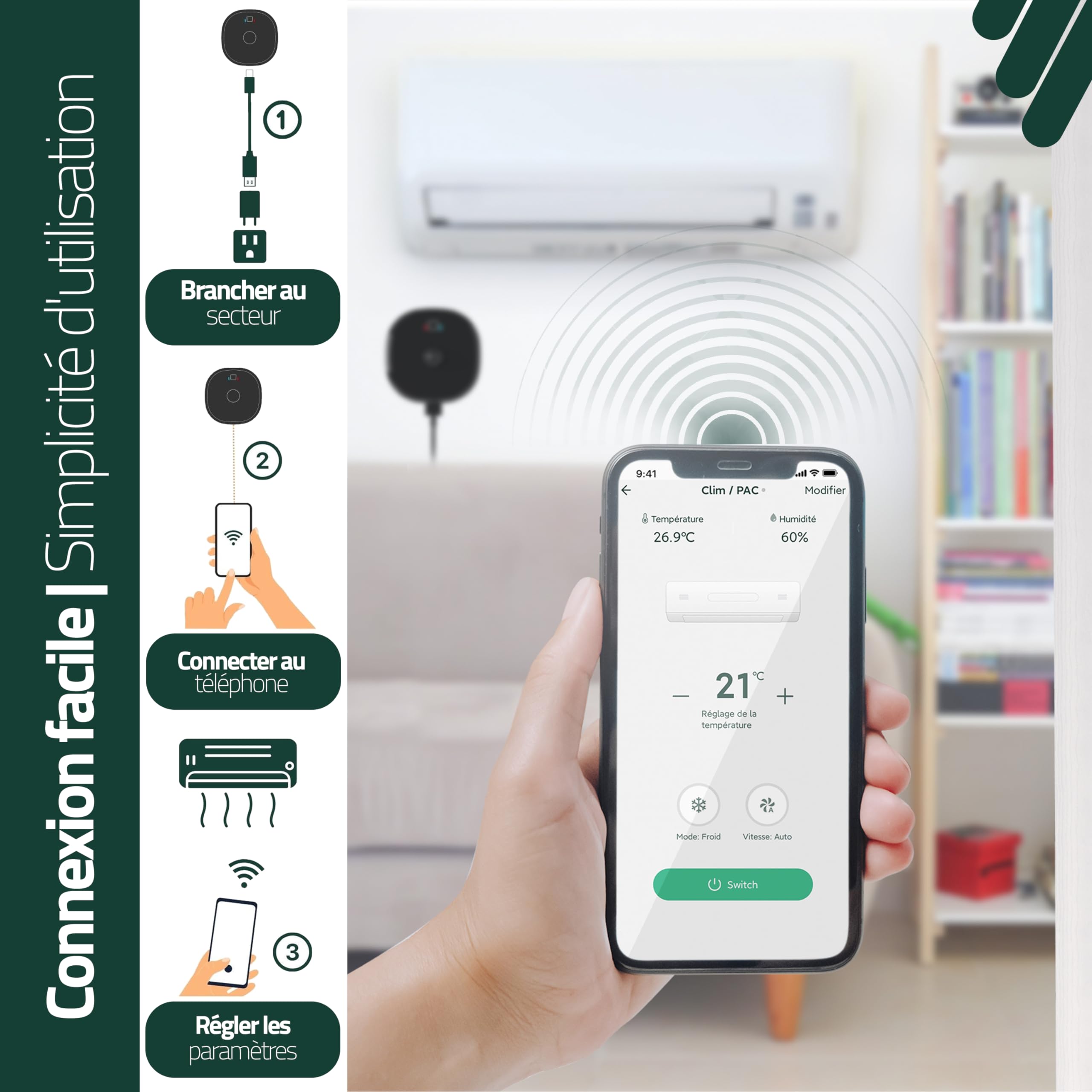 Heatzy Cool : Thermostat Connecté WiFi - Contrôleur Intelligent sans Fil pour Pompe à Chaleur et Climatiseur - Compatible Alexa, Google Home - Efficacité énergétique