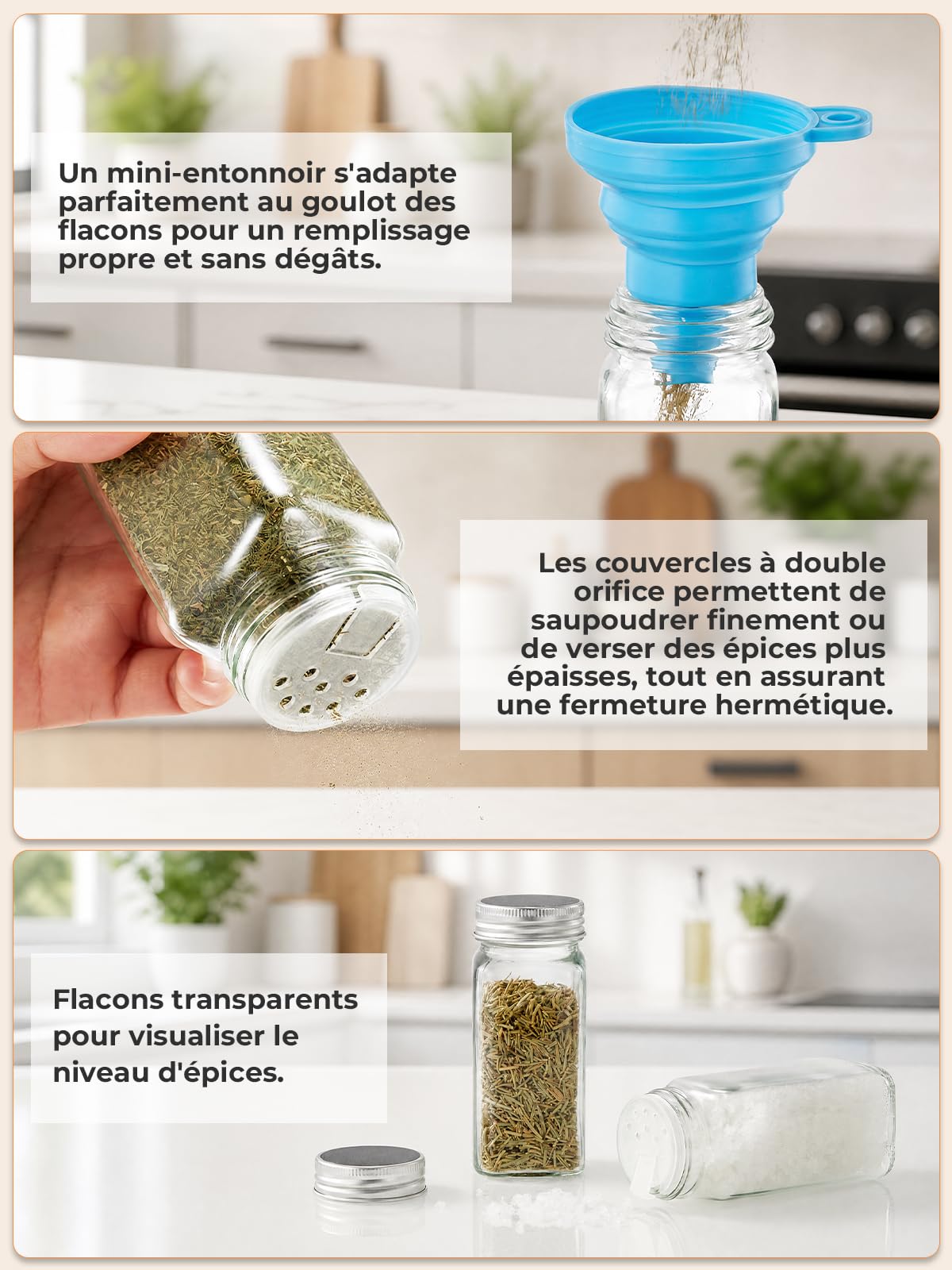 FOHERE Rangement Epices Cuisine à 3 Niveaux avec 24 Bocaux en Verre