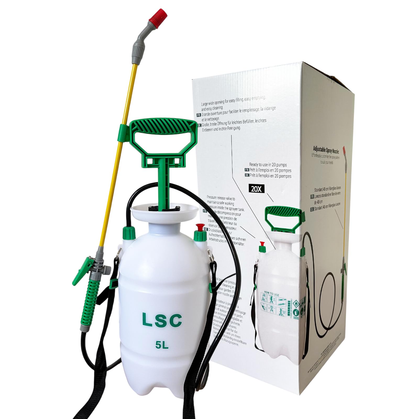 LSC 5L Pressure Sprayer - High-Pressure Garden Pump with Adjustable Nozzle, Carry Strap & Ergonomic Handle for Weed Killer, Pesticides, Patio Cleaning, and Garden Maintenance