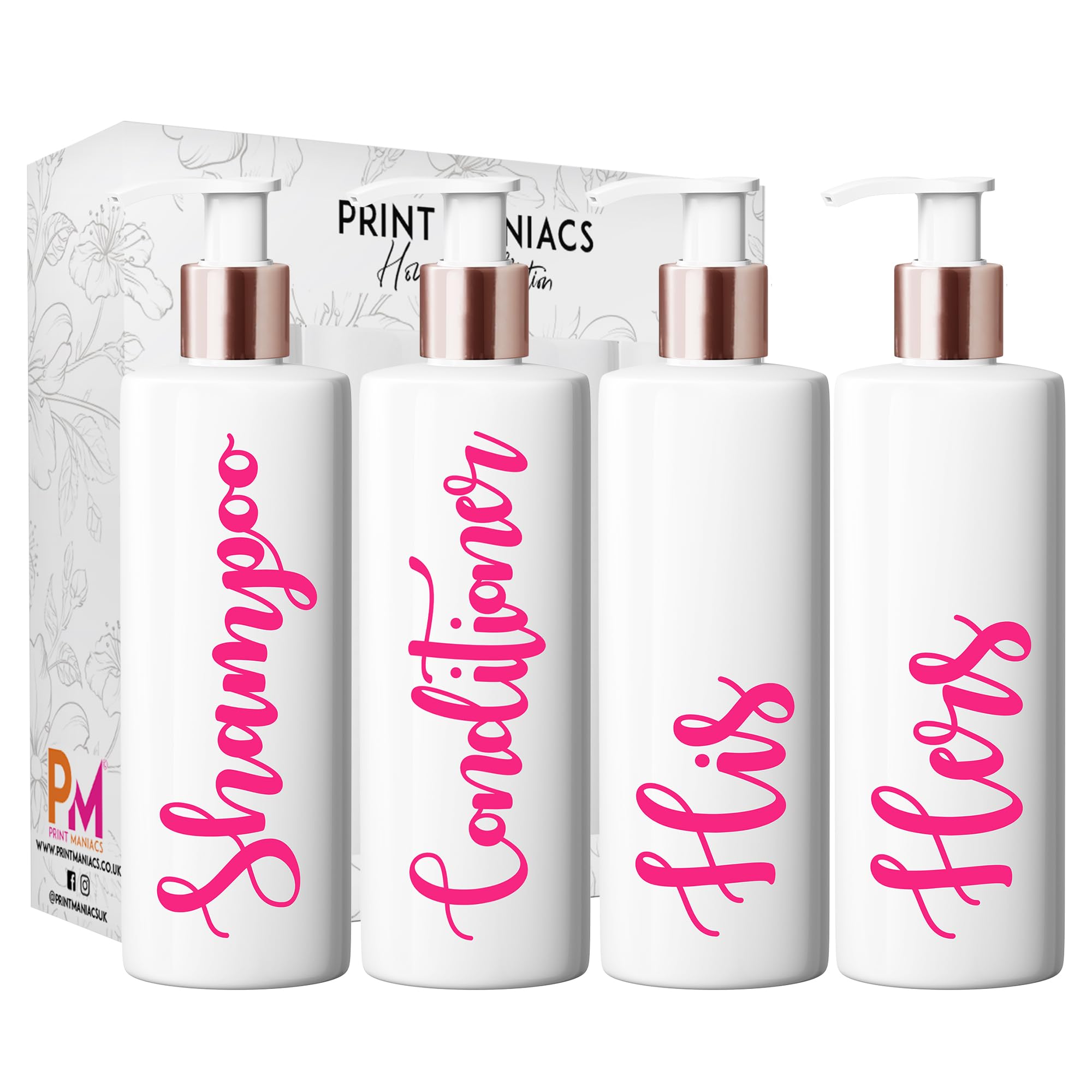 Print Maniacs White Mrs Hinch Inspired Personalised 500ml Bottles Bathroom Lotion Kitchen Shampoo Conditioner Rose Gold Pump (Set 4 His Hers) (Pink)