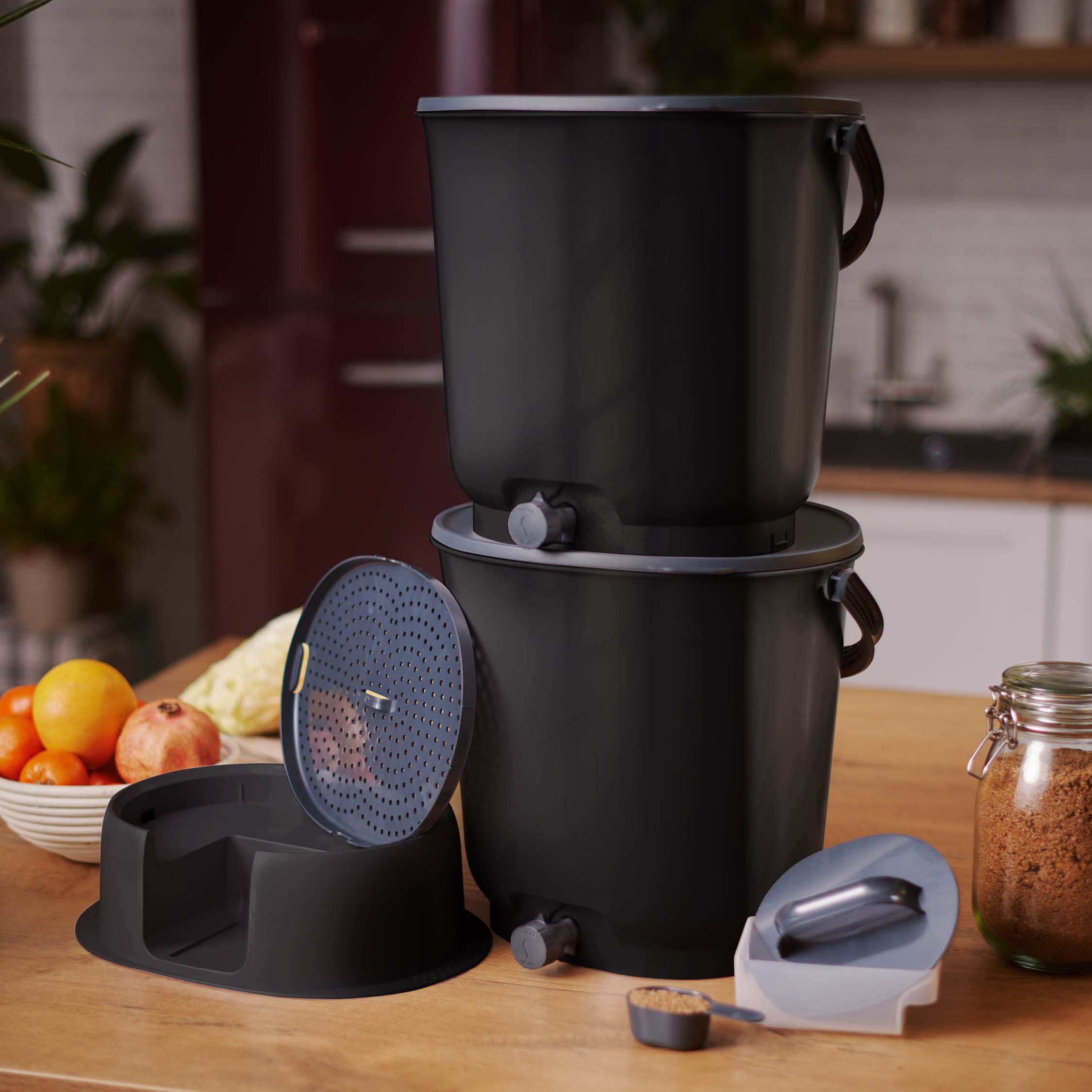 Skaza Bokashi Essential Composteur de Cuisine 2X 15,3 L, Noir