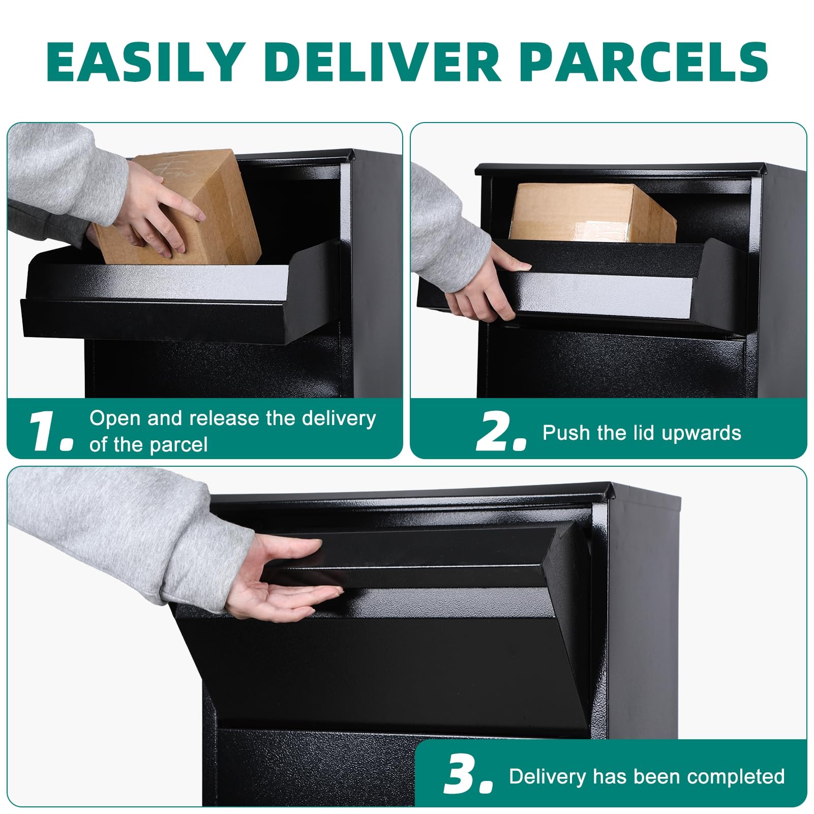 Große abschließbare Paketbox, wetterfeste Paketbox für den Außenbereich, mit Zahlenschloss, Wandmontage, Lieferboxen aus Eisen, sicherer Frontzugriff, Diebstahlschutztür, 75 x 40 x 24 cm, schwarz, 75